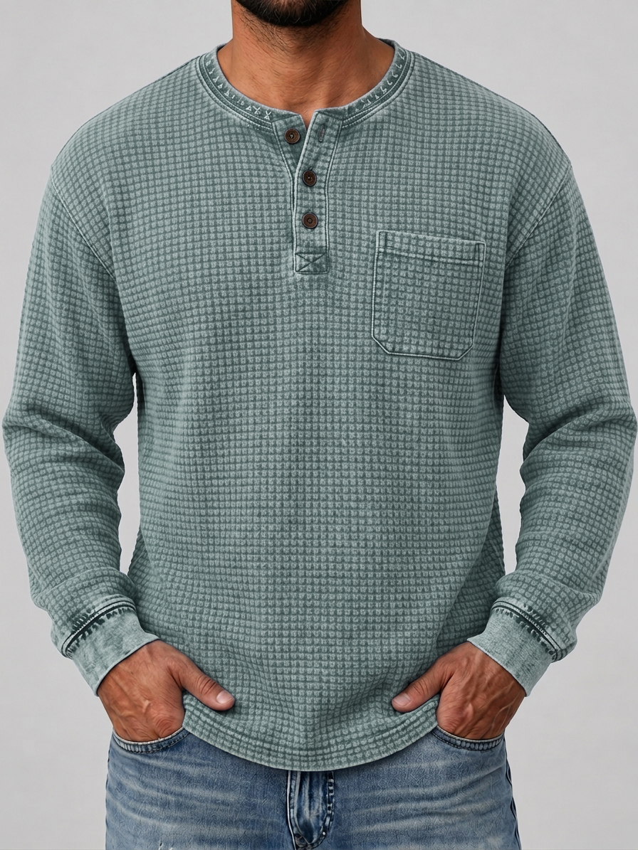 Men's Retro Distressed Waffle Knit Henley Shirt