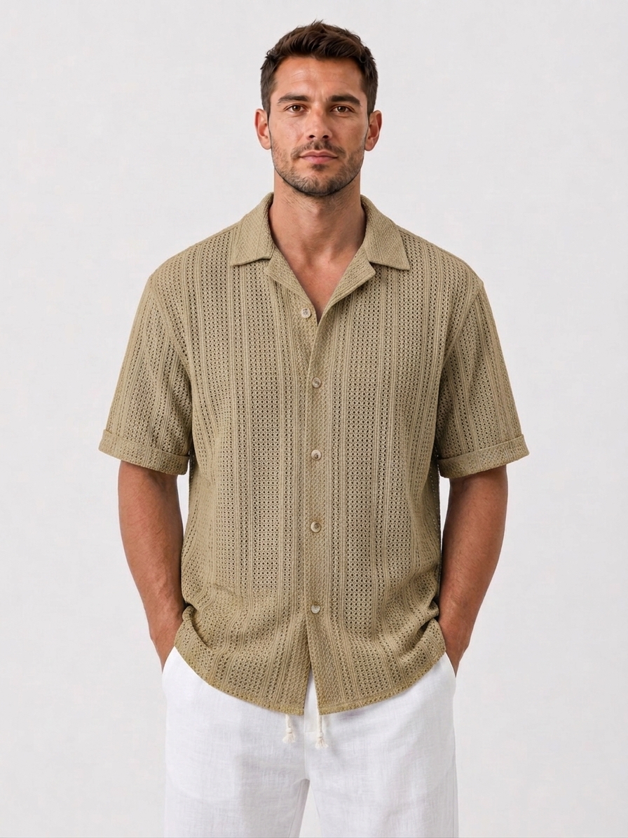 Open Knit Textured Cuban Collar Shirt
