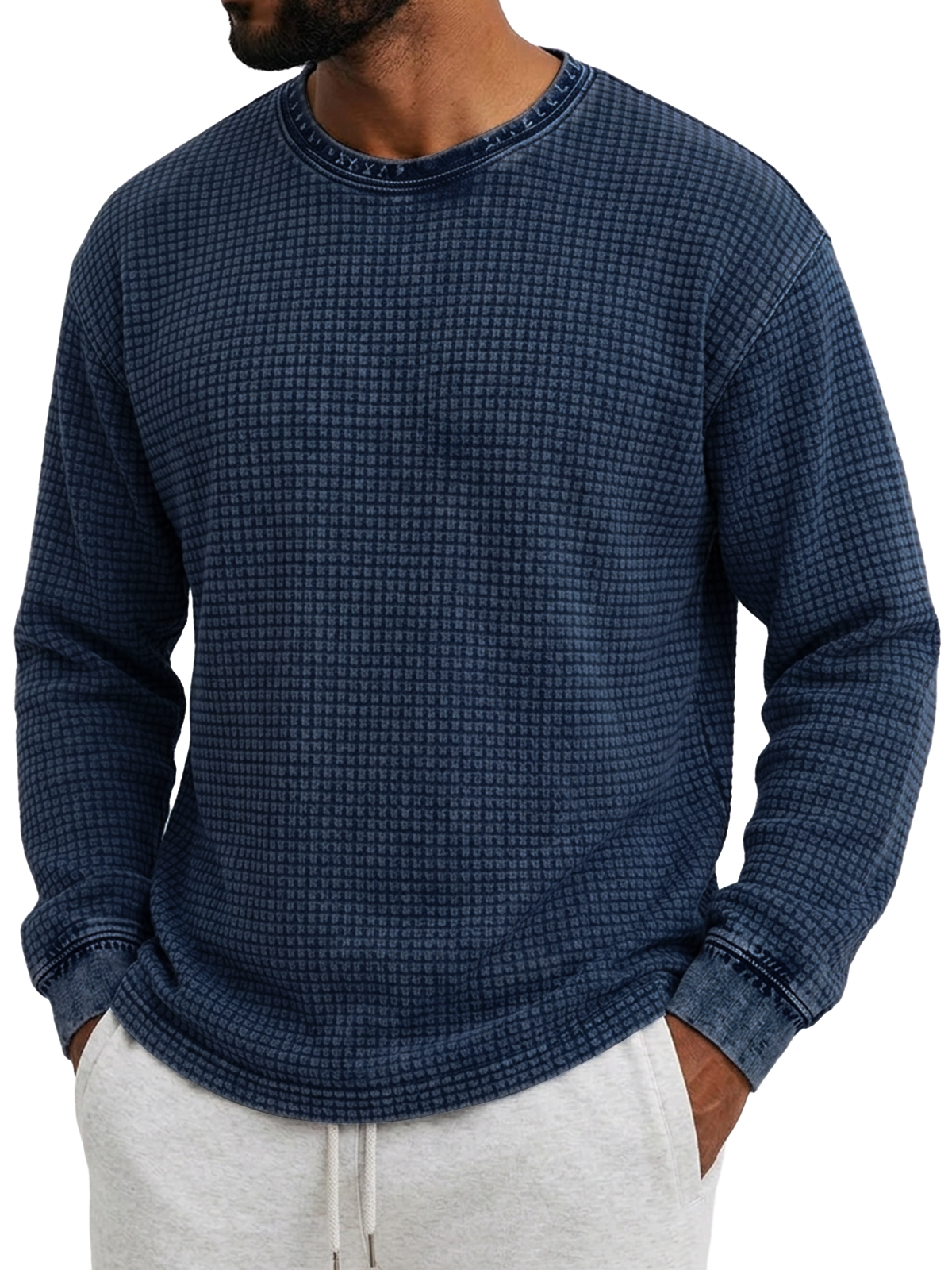 Men's Retro Distressed Waffle Knit Crew Neck Long-Sleeve T-Shirt