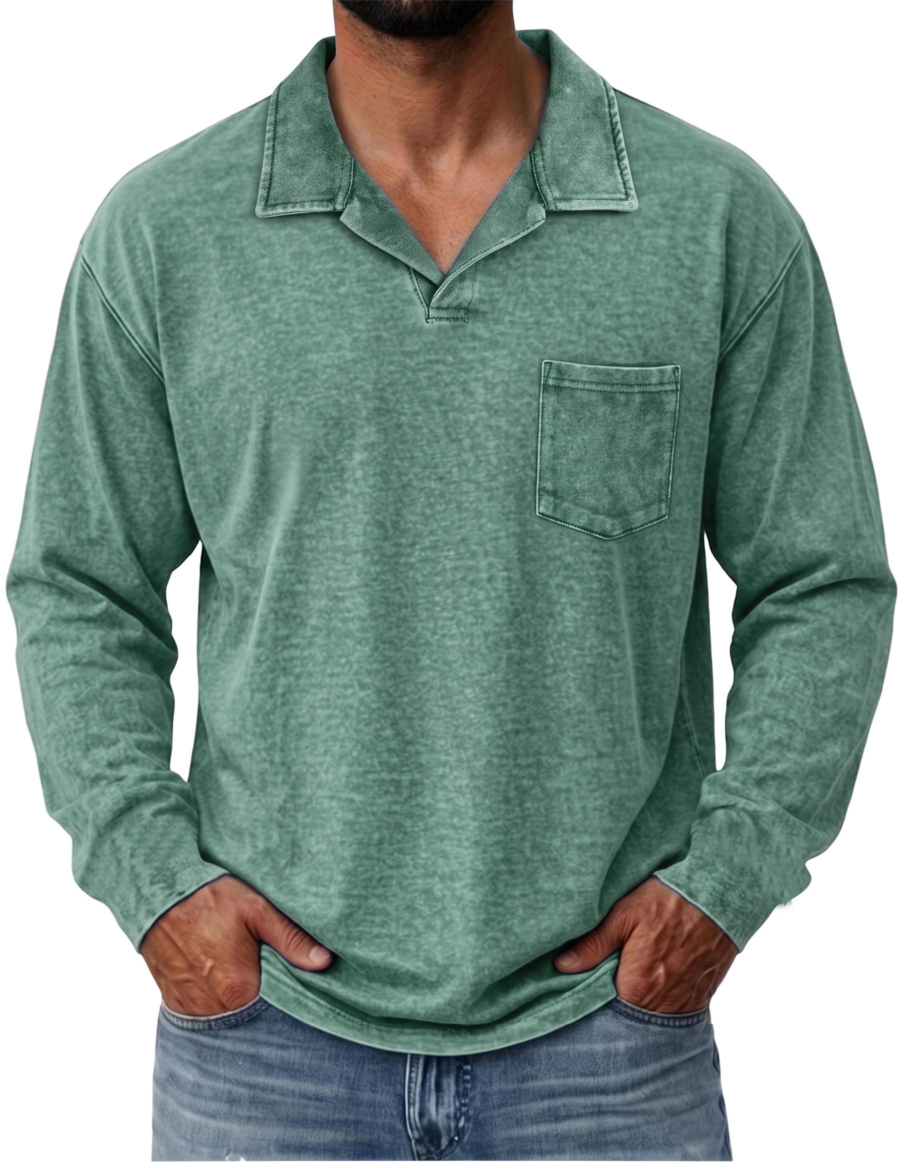 100% Cotton Vintage Washed Collared Pocket Pullover Long Sleeve Polo Shirt