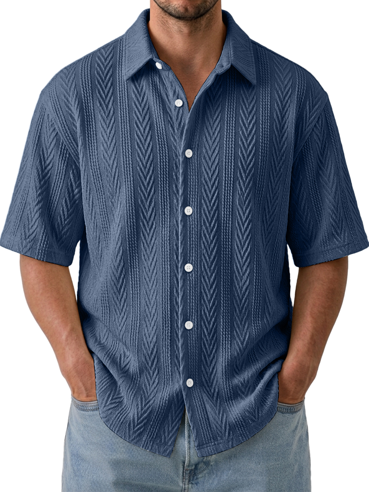 Men's Comfortable Casual Jacquard Wheat Ear Stripe Breathable Collared Short-Sleeve Shirt