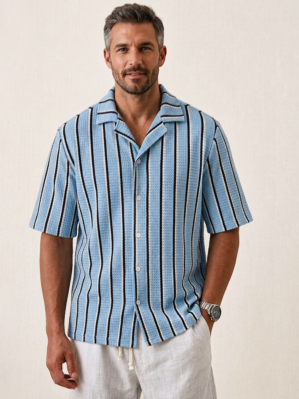 Men's Casual Textured Striped Breathable Collared Short-Sleeve Shirt