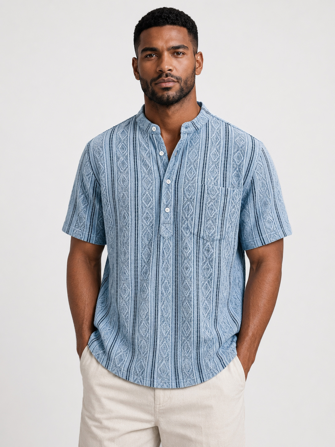 Men's Casual Jacquard Textured Breathable Short Sleeve Henley Shirt