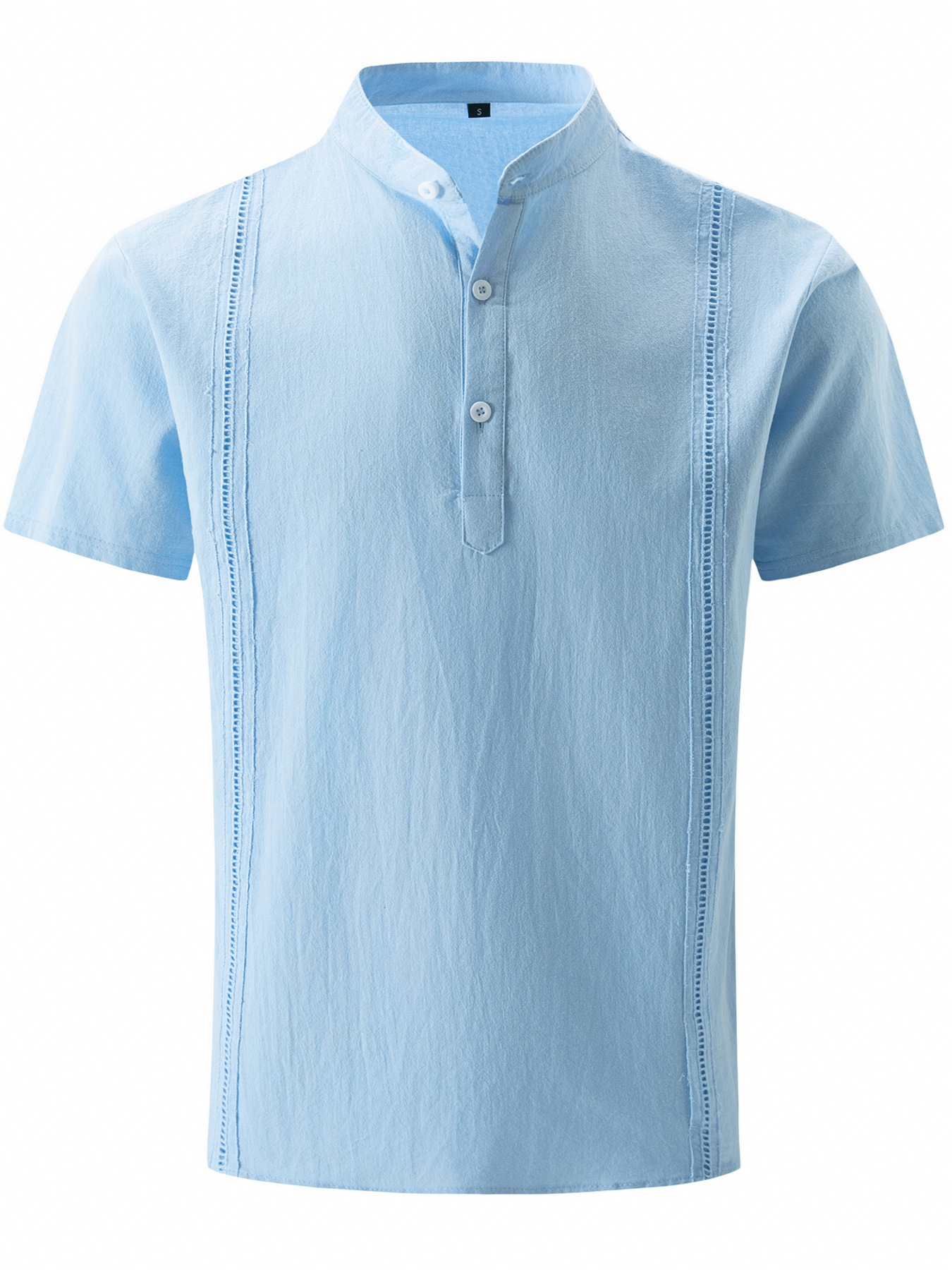 Men's Cotton Linen Henley Collar Solid Color Cuban Guayabera Short-Sleeve Shirt