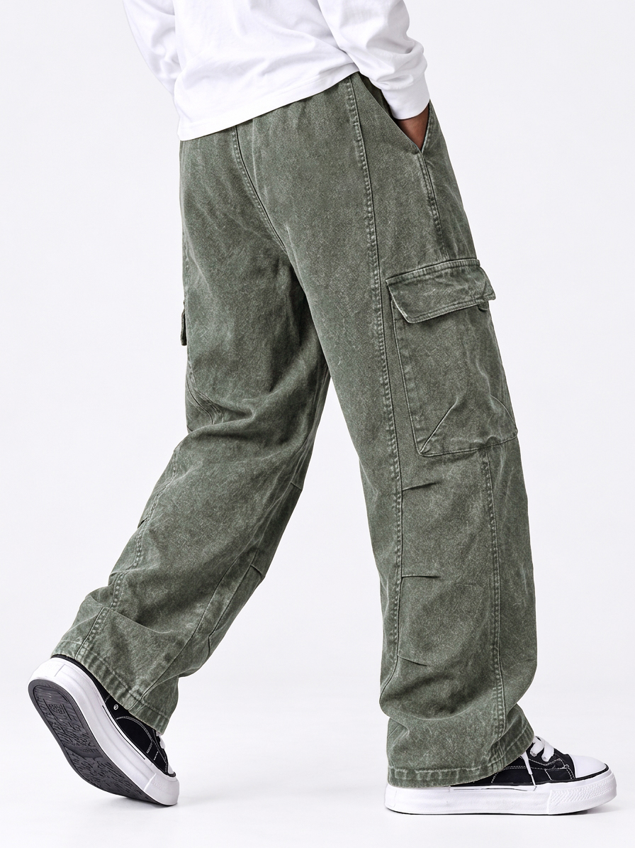 Men's 100% Cotton Washed Distressed Heavy-Duty Straight Leg Pants