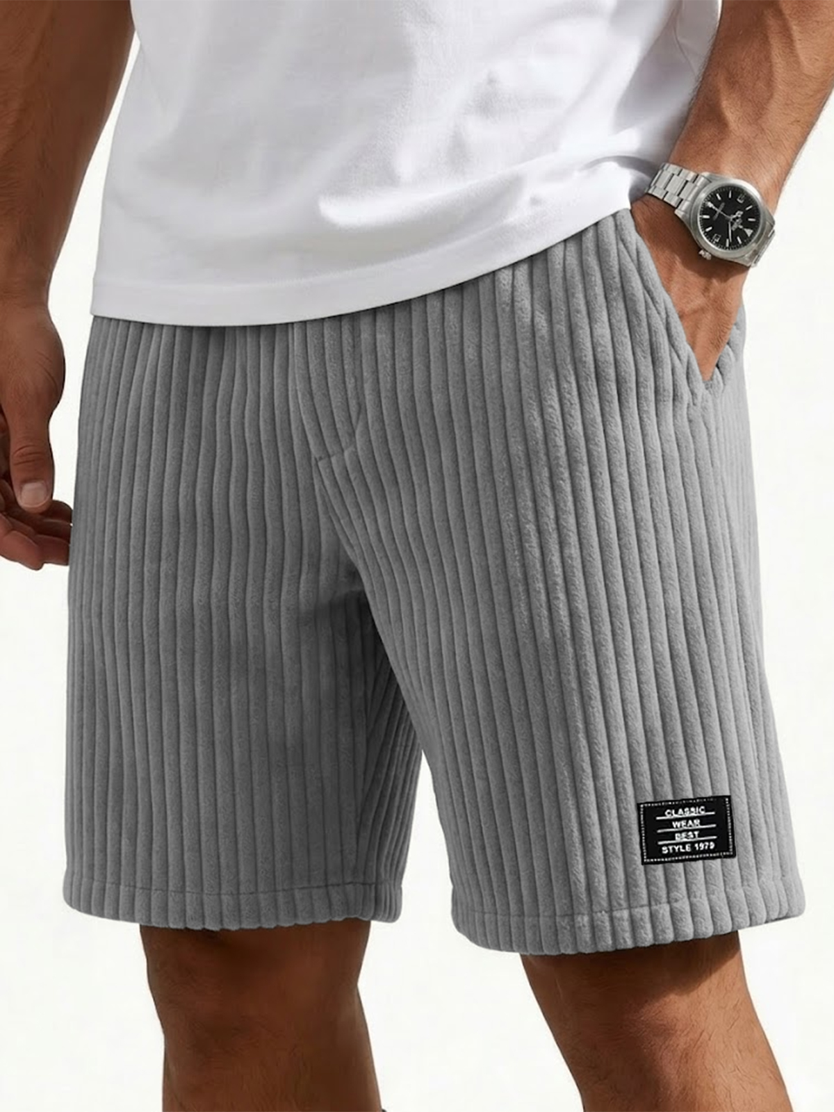 Men's Ribbed Fashion Shorts with Embroidered Design