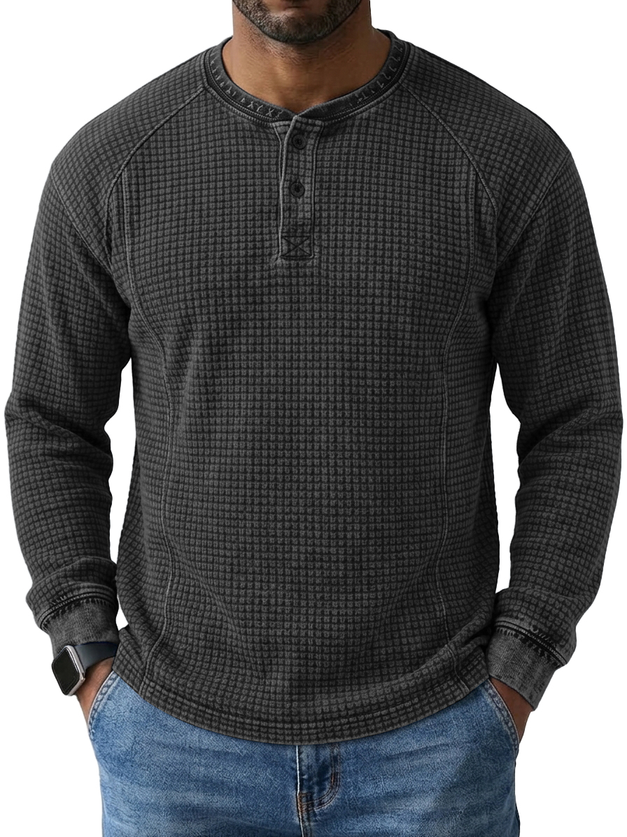 Men's Vintage Washed Distressed Waffle Knit Long-Sleeve Henley Shirt