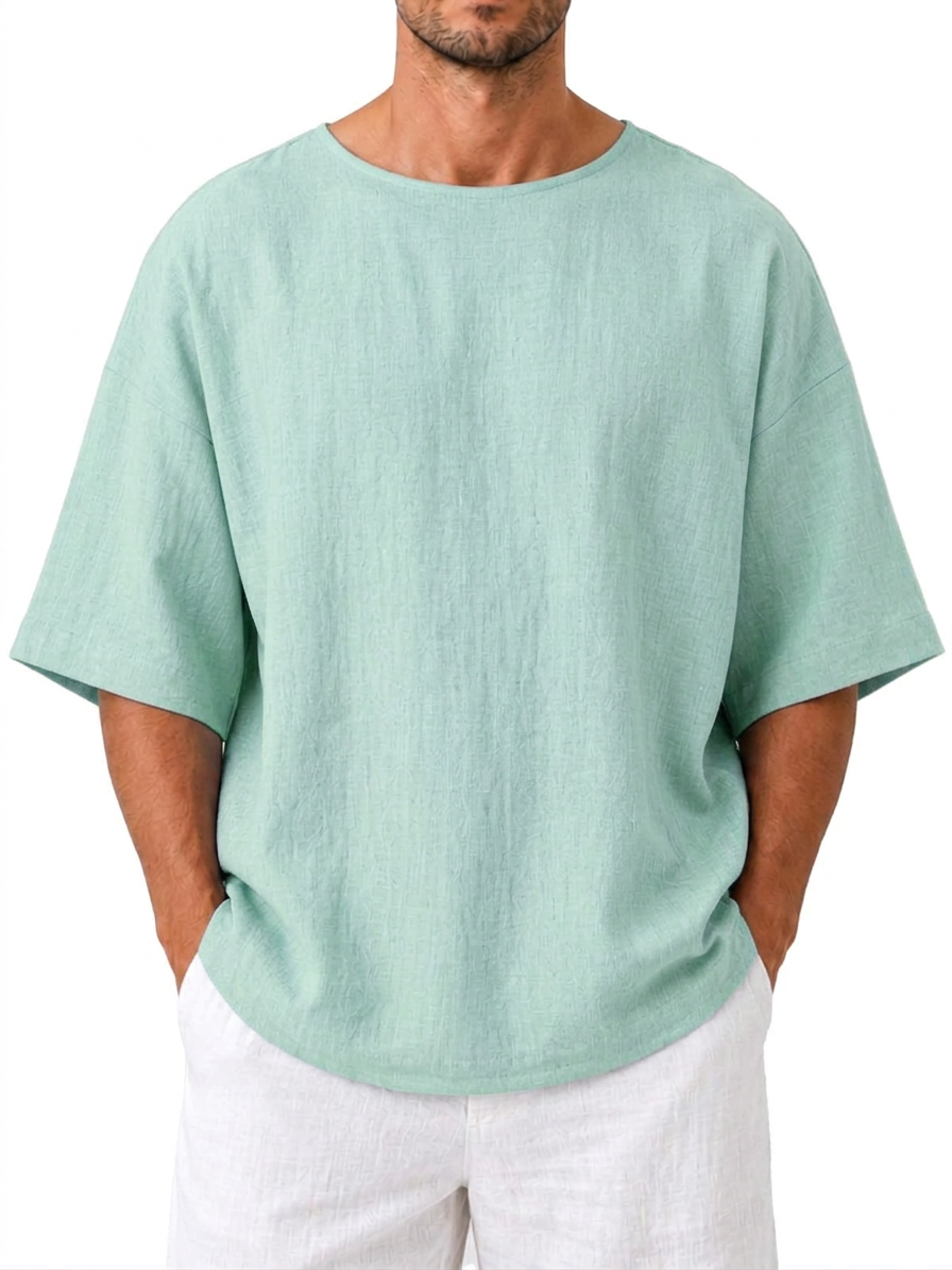 Cotton Linen Round Neck Loose Fit Casual Short Sleeve Top