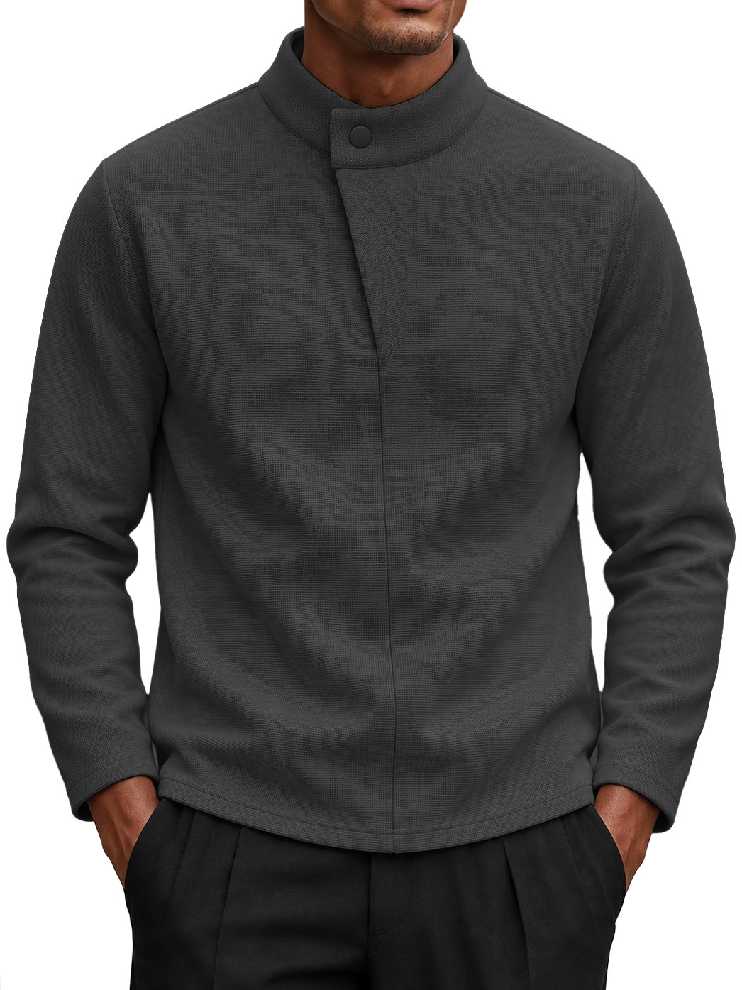 Men's New Autumn and Winter One-Button Semi-High Neck Long Sleeve T-Shirt