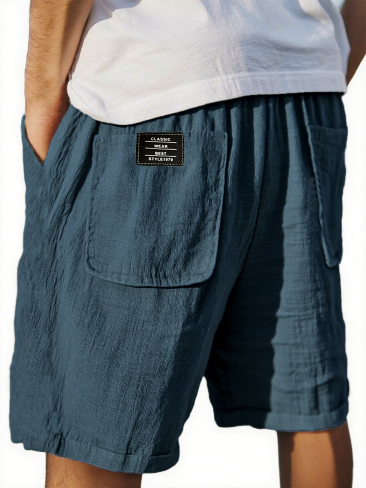 Men's Crinkled Linen Multi-Pocket Embroidered Label Comfort Shorts