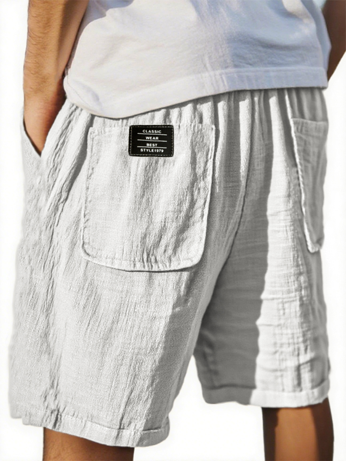 Men's Crinkled Linen Multi-Pocket Embroidered Label Comfort Shorts