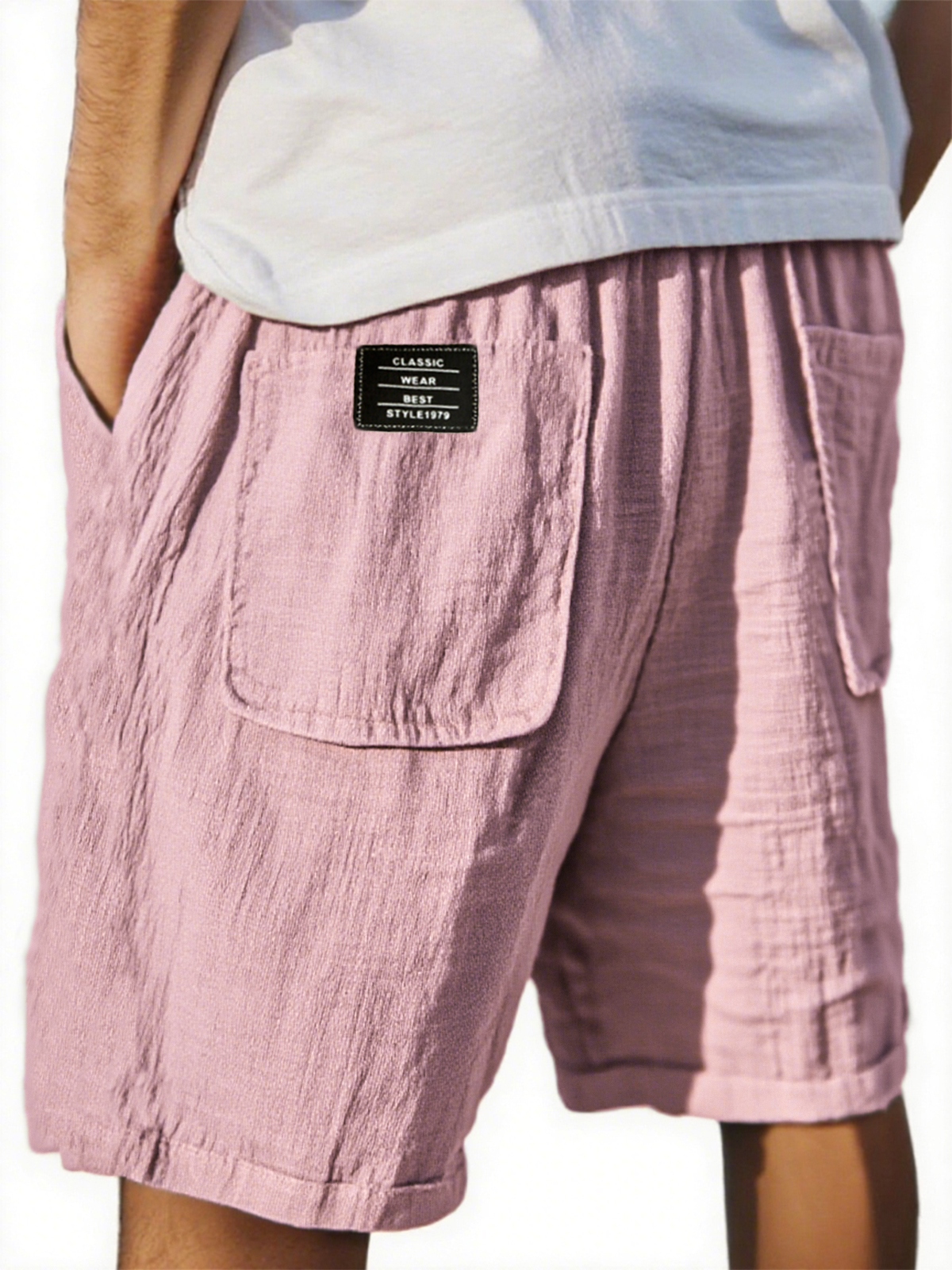 Men's Crinkled Linen Multi-Pocket Embroidered Label Comfort Shorts