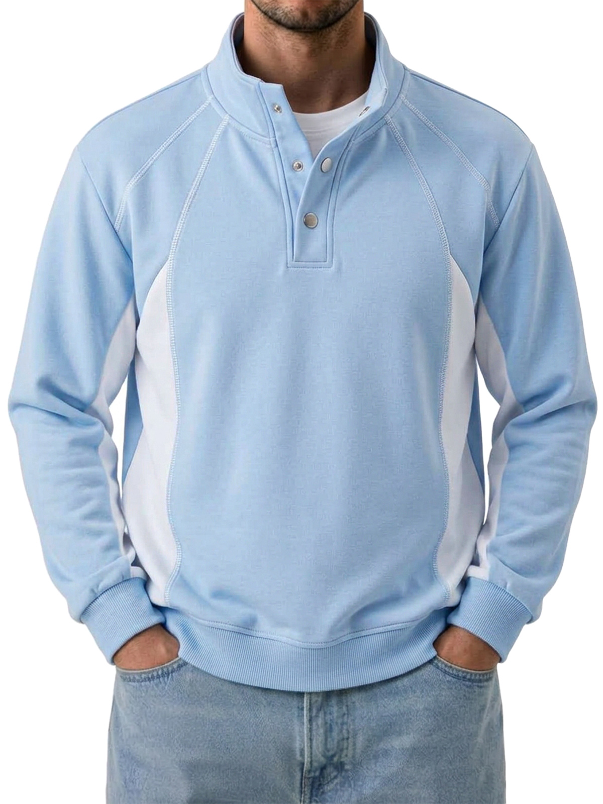 Unisex Color Block Half High Neck Loose Casual Long Sleeve Sweatshirt