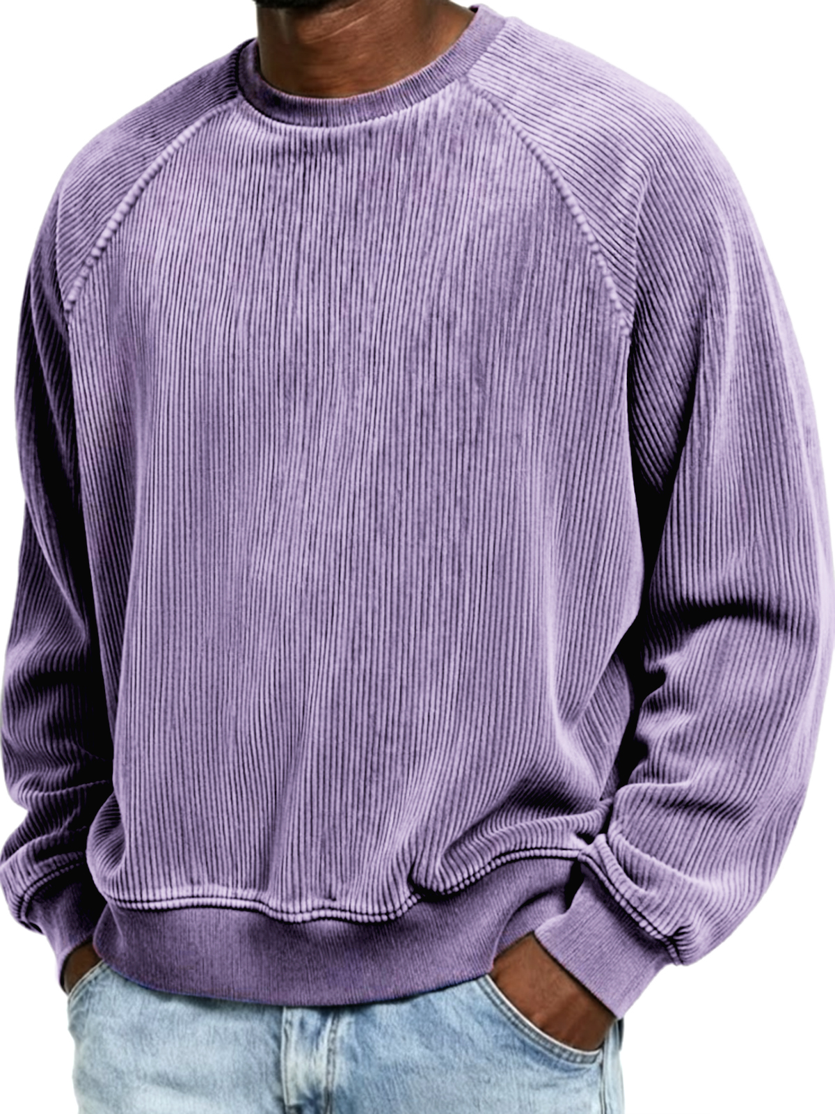 Men's Simple Corduroy Ribbed Raglan Sleeve Crew Neck Pullover Sweatshirt