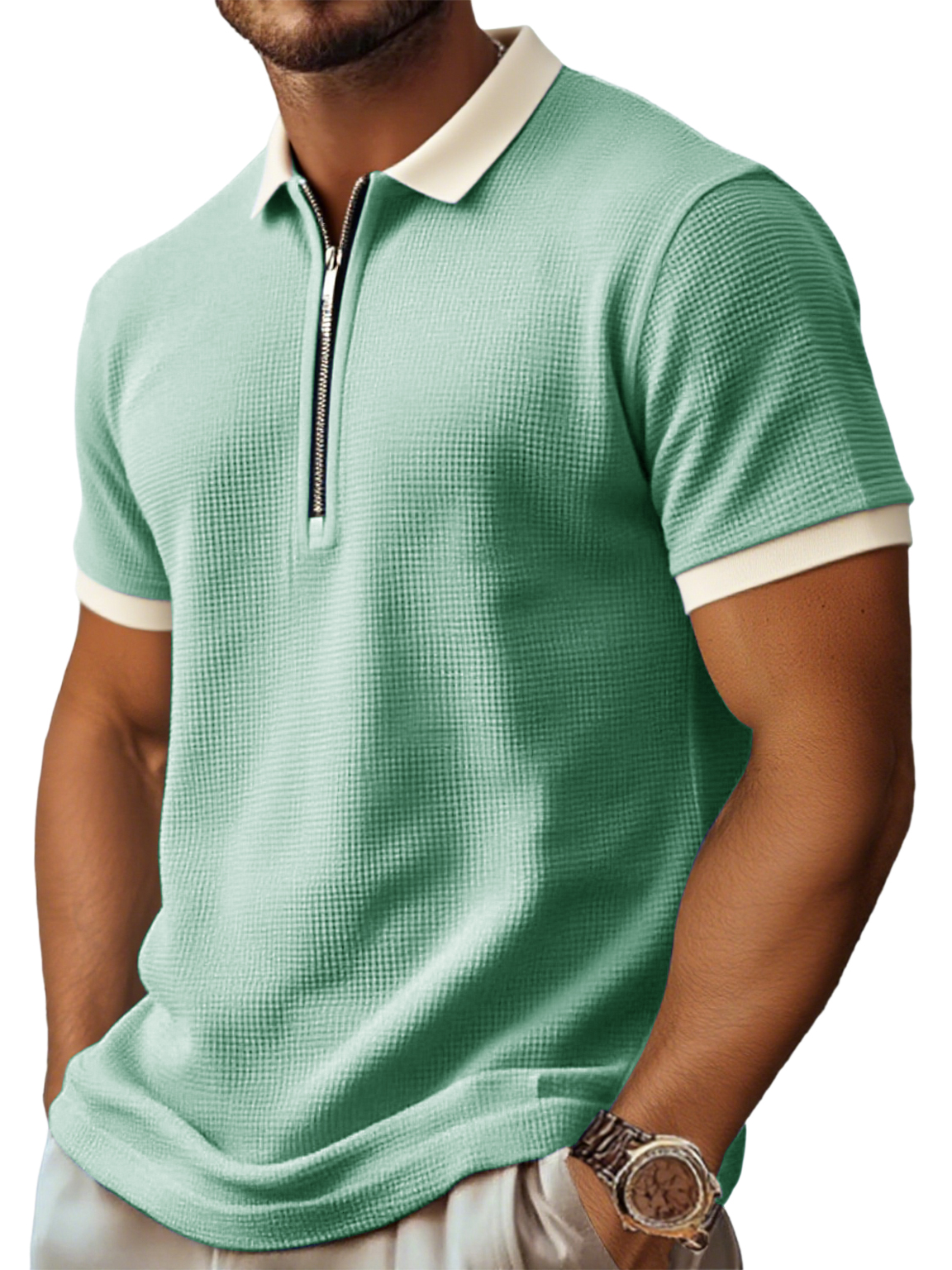 Men's Retro And Stylish Waffle Fabric With A Contrasting Zip-up Polo Shirt