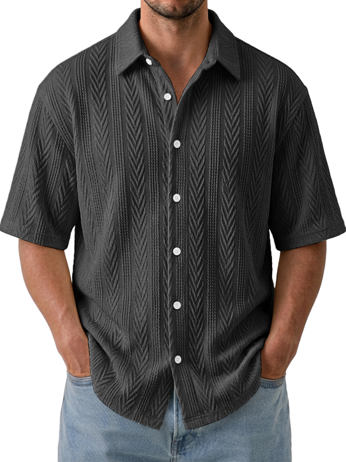 Men's Comfortable Casual Jacquard Wheat Ear Stripe Breathable Collared Short-Sleeve Shirt