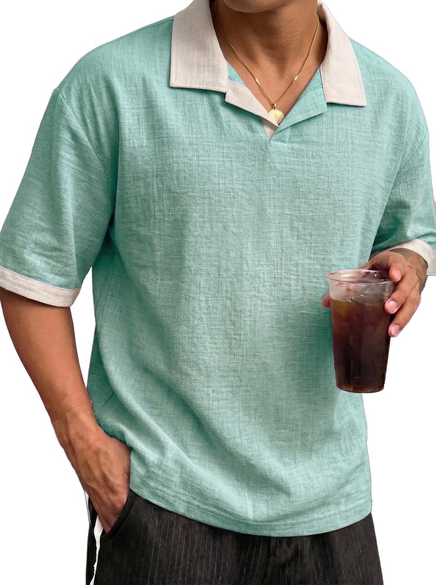 Men's Breathable Linen Color Block Pleated Resort Style Collared Shirt