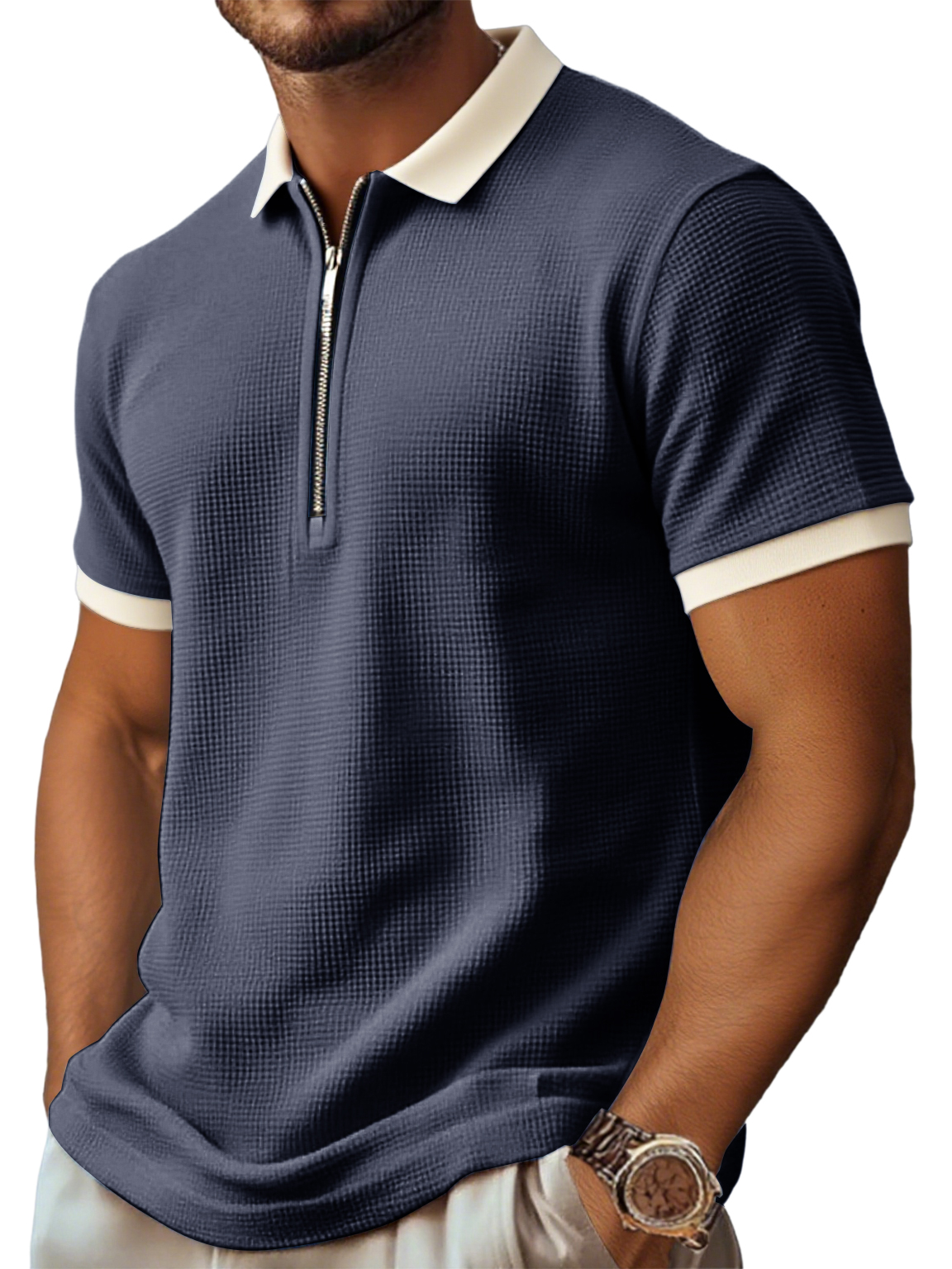 Men's Retro And Stylish Waffle Fabric With A Contrasting Zip-up Polo Shirt