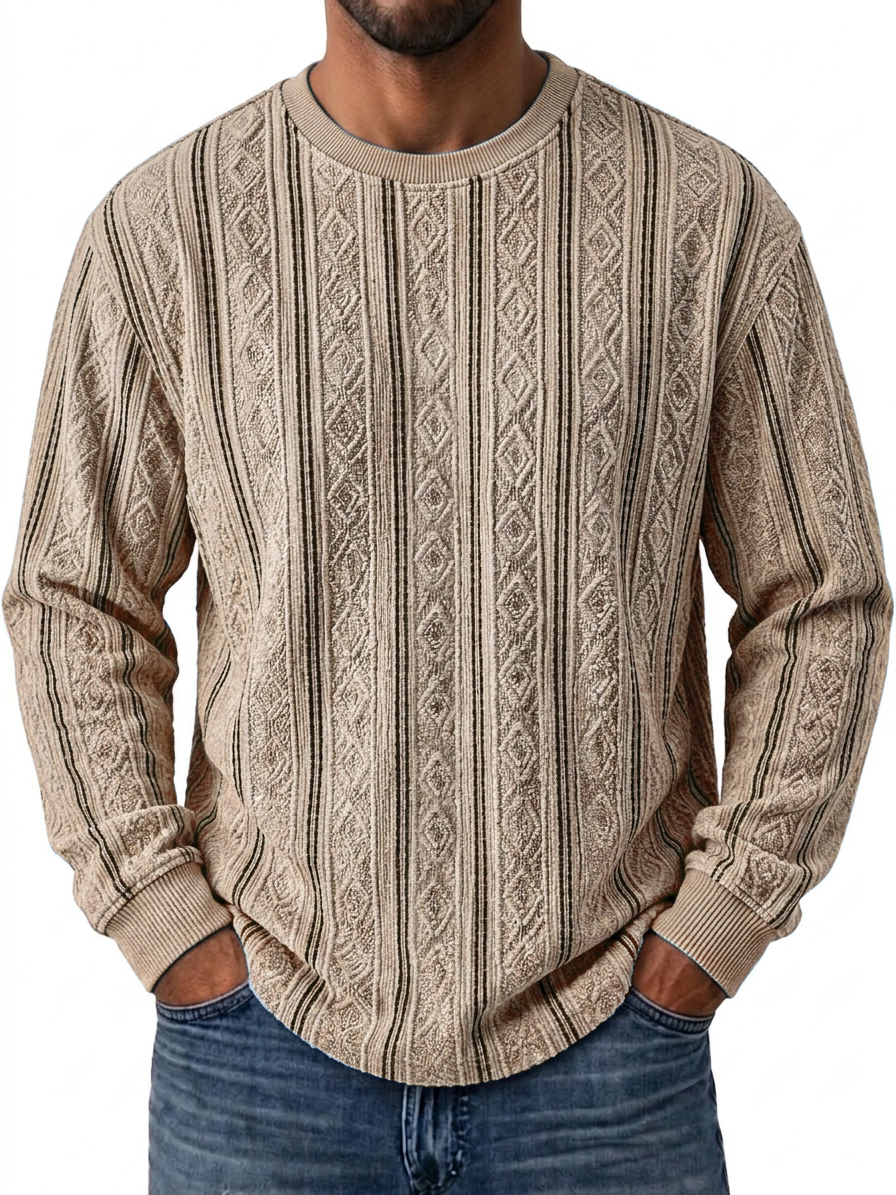 Vintage Striped Textured Vertical Stripe Crew Neck Top
