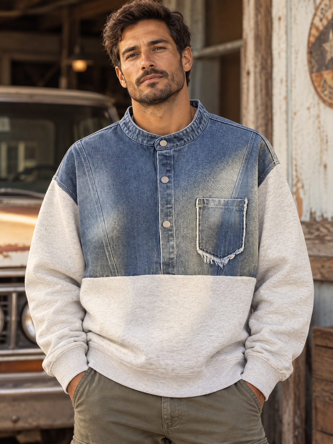 Men's Long Sleeve Sweatshirt with Denim Patchwork Design