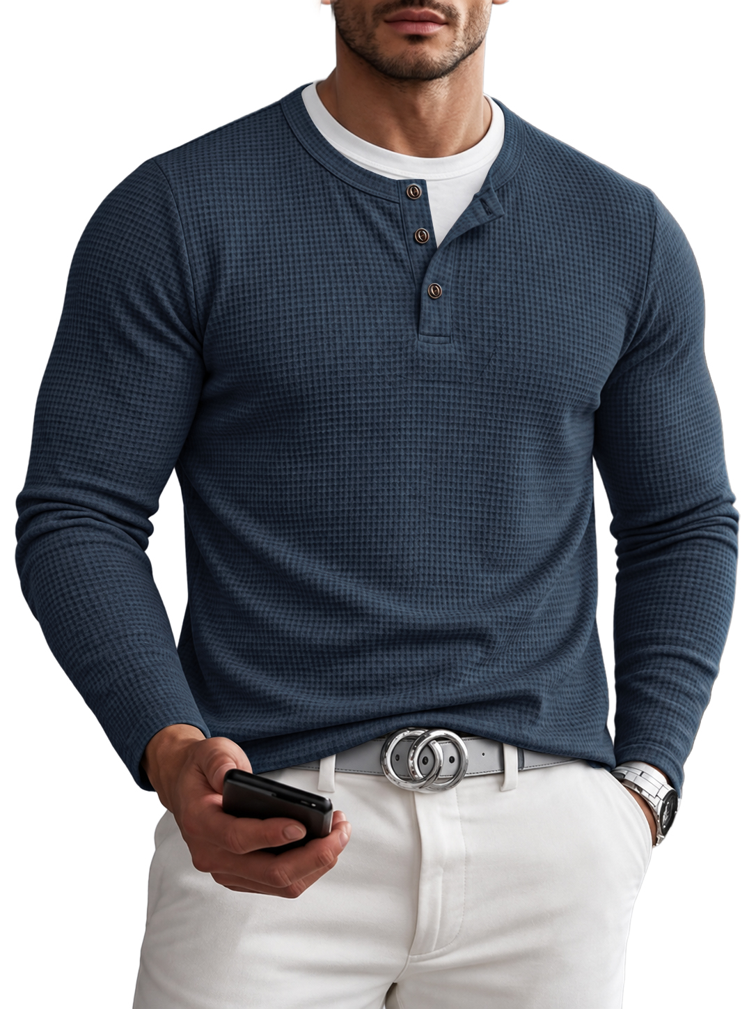 Men's Waffle Fake Two-Piece Henley Shirt