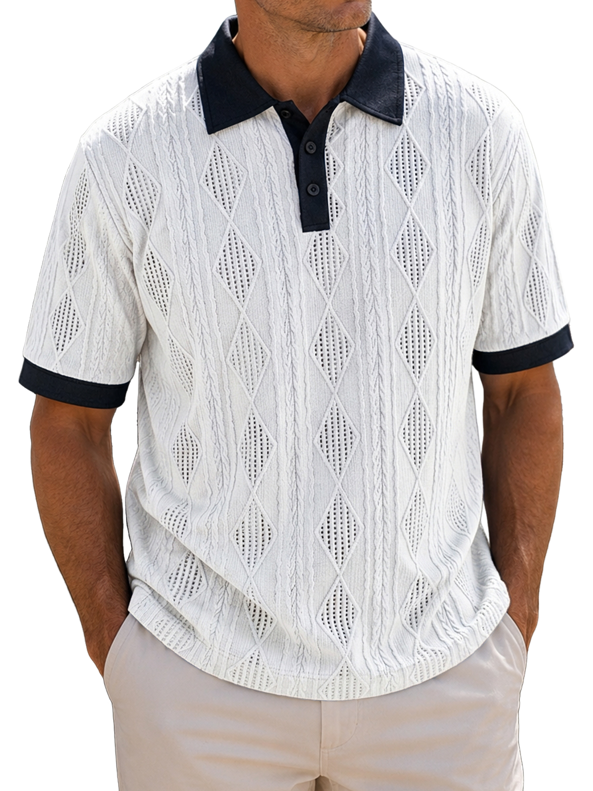 Men's Casual Jacquard Textured Breathable Collared Short Sleeve Polo Shirt