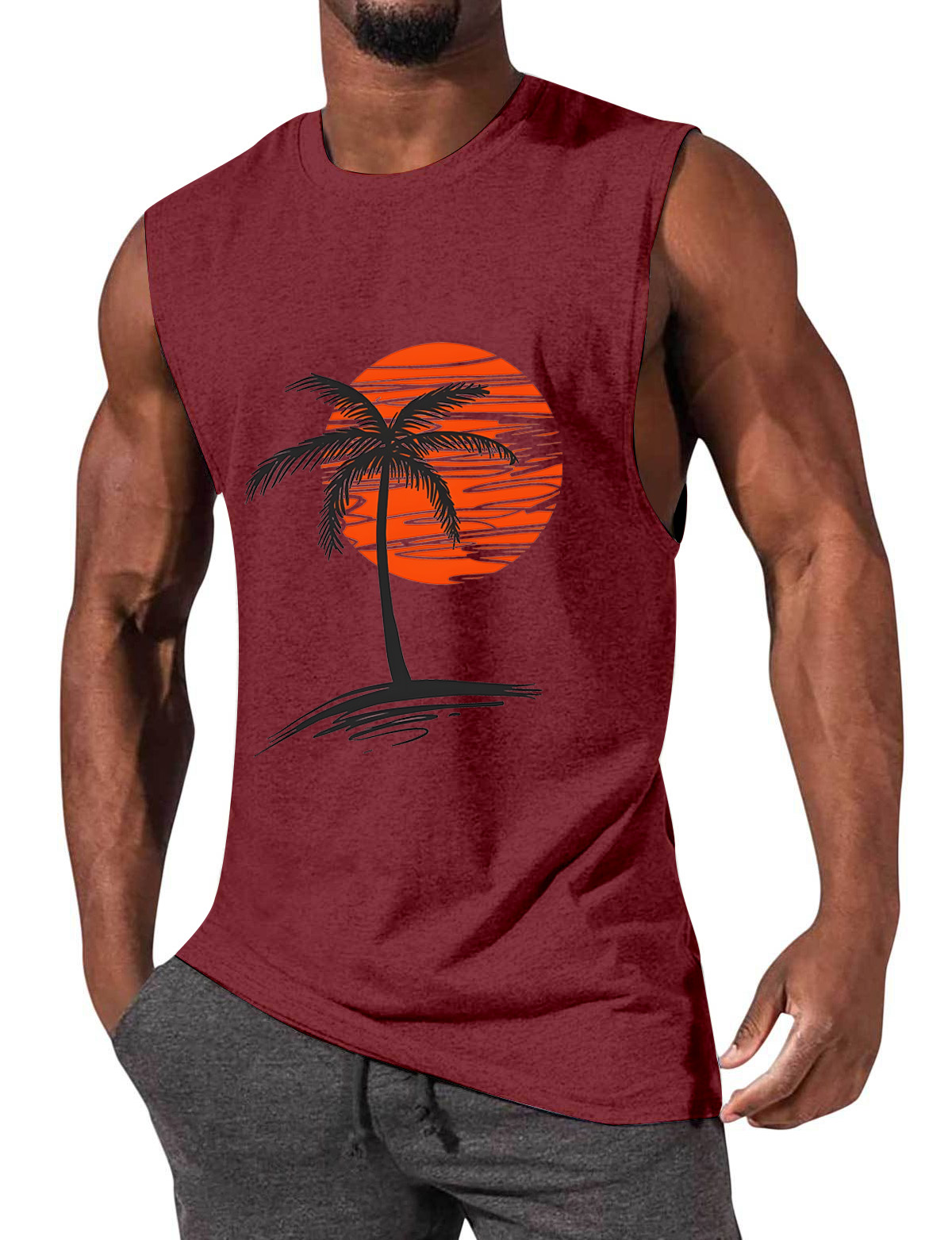 Men's Comfortable Solid Color Hawaiian Coconut Sleeveless Print T-shirt