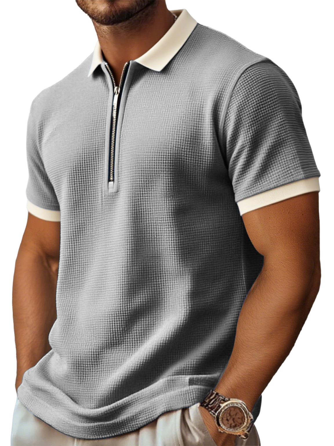 Men's Retro And Stylish Waffle Fabric With A Contrasting Zip-up Polo Shirt