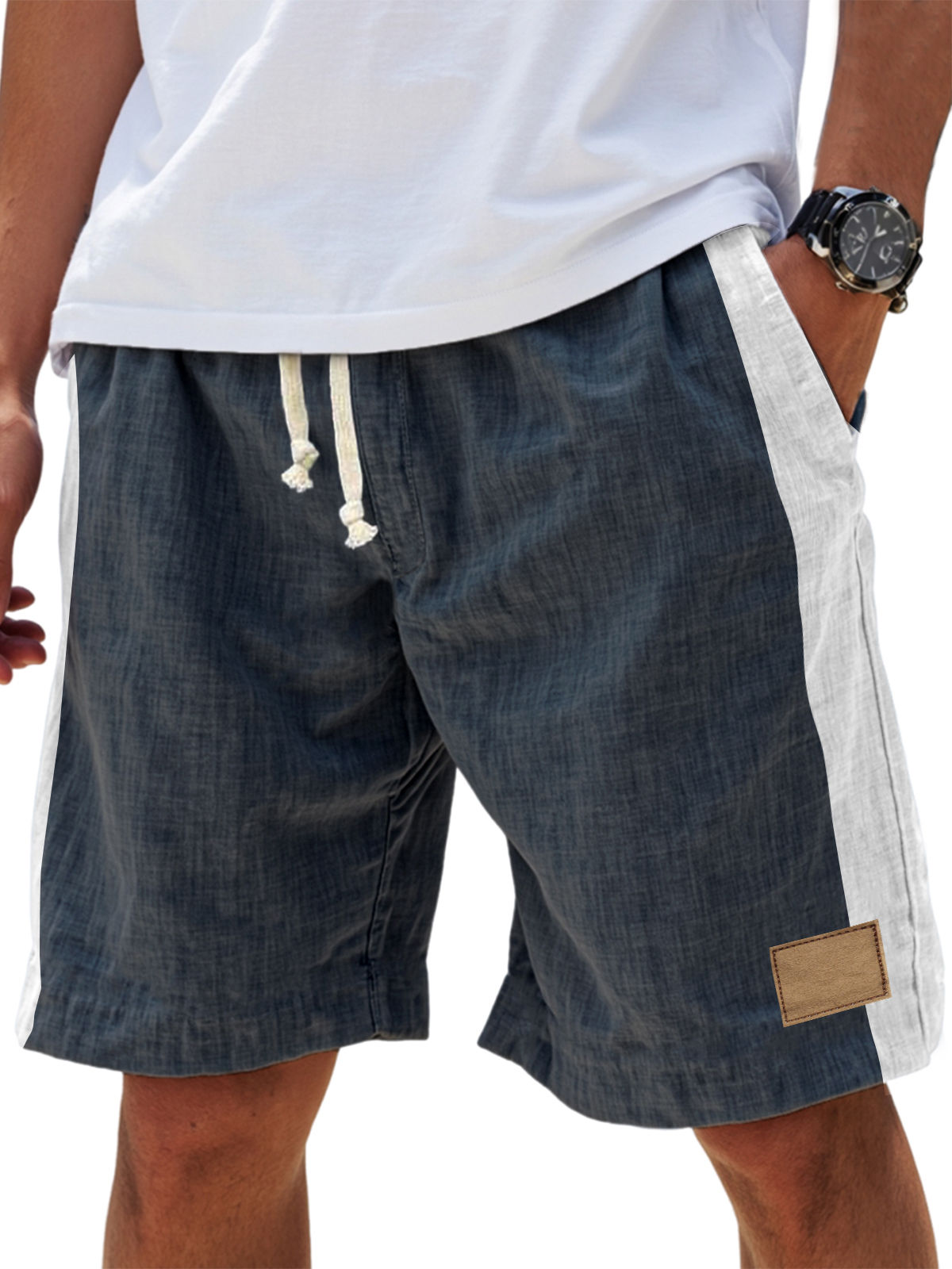 Men's Casual Breathable Linen Embroidered Logo Loose Fitting Vacation Color Blocked Shorts