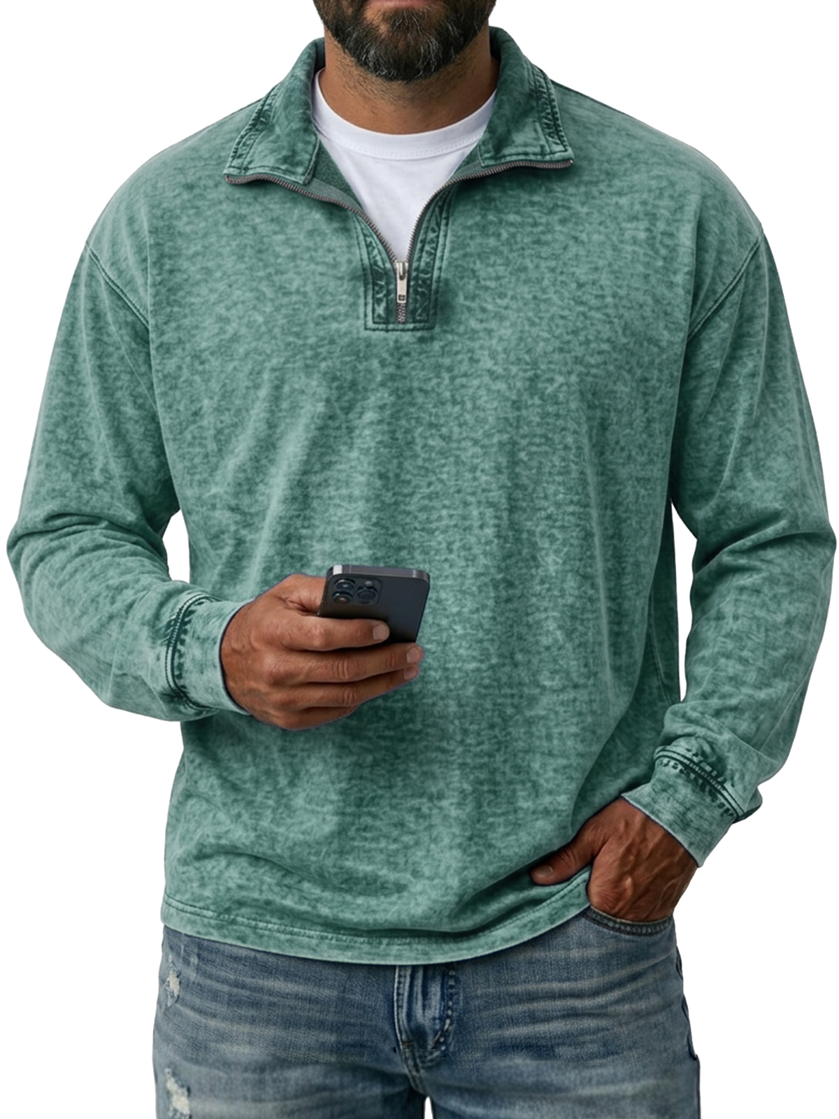 Men's Quarter-Zip Washed Distressed Long Sleeve T-Shirt