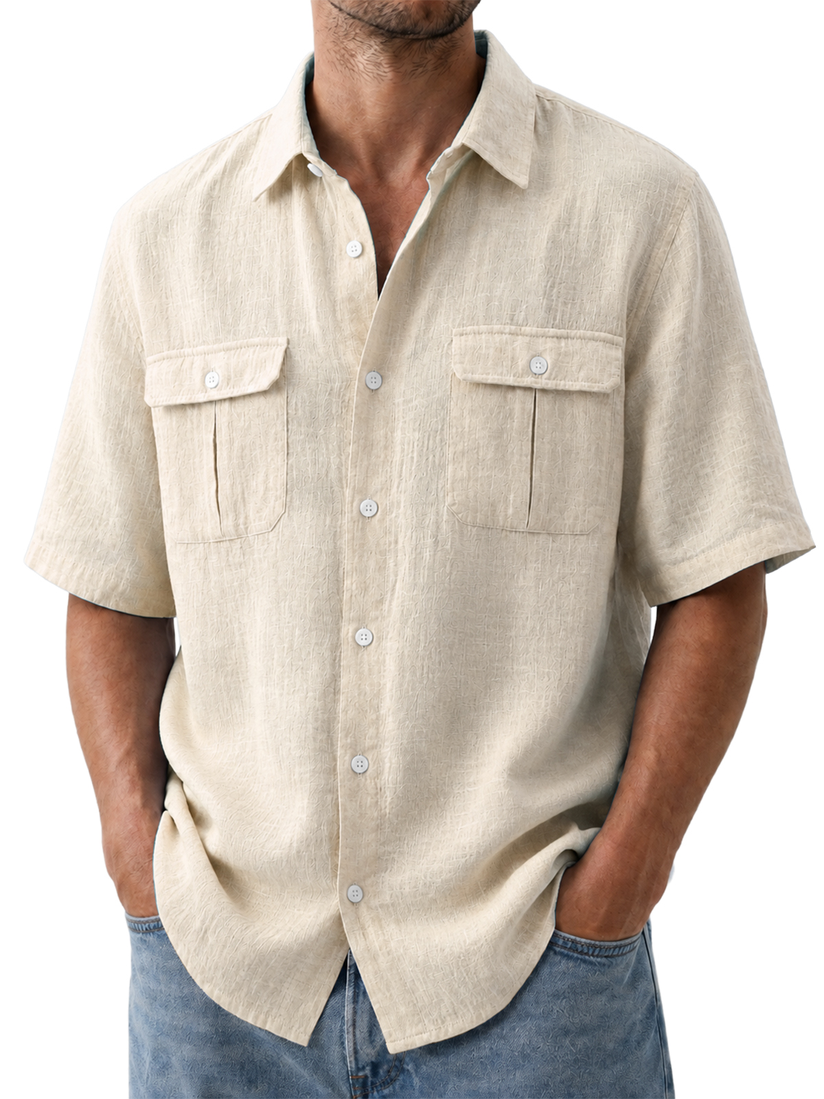 Men's Double Pocket Cotton Linen Casual Short Sleeve Shirt