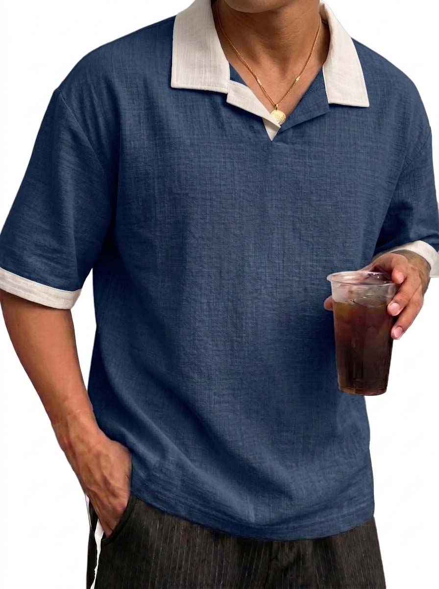 Men's Breathable Linen Color Block Pleated Resort Style Collared Shirt