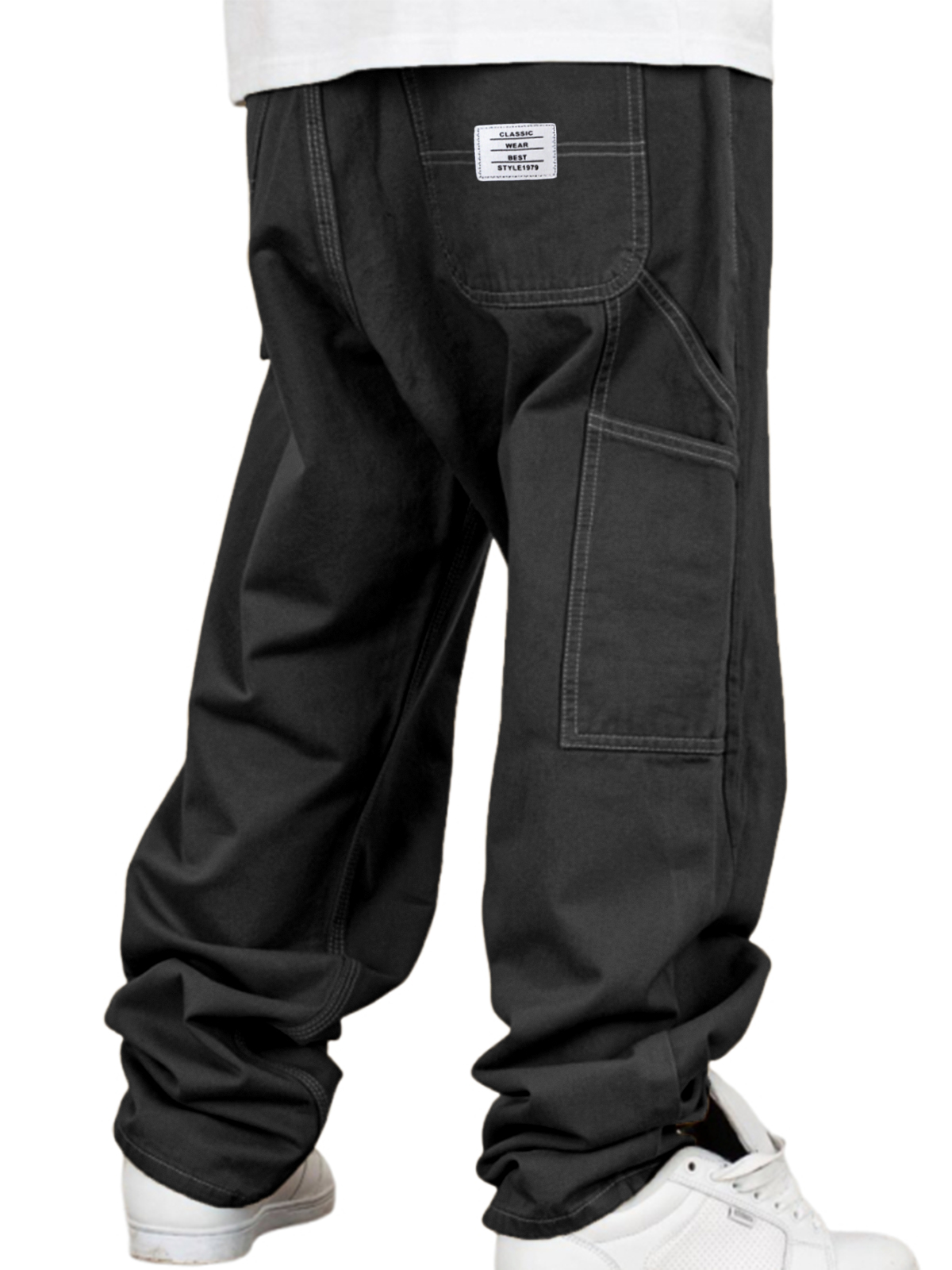 Men's Vintage Workwear Multi-pocket Casual Twill Cotton Trousers with Embroidered Label