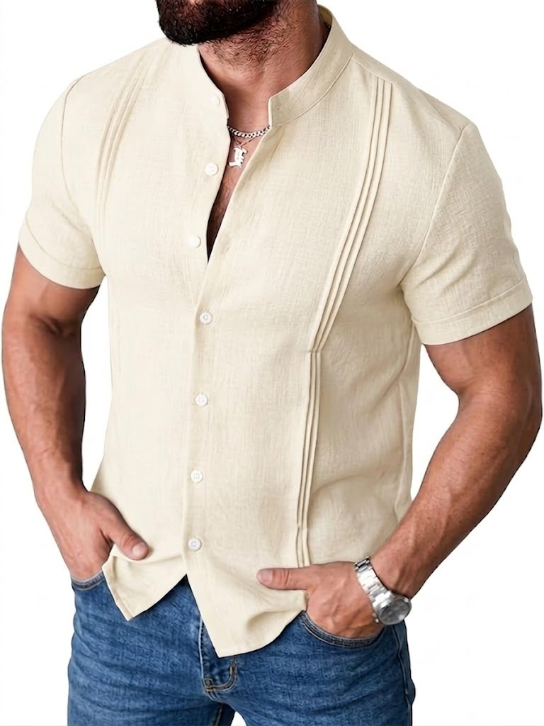Men's Cotton and Linen Deconstructed Stand-up Collar Shirt