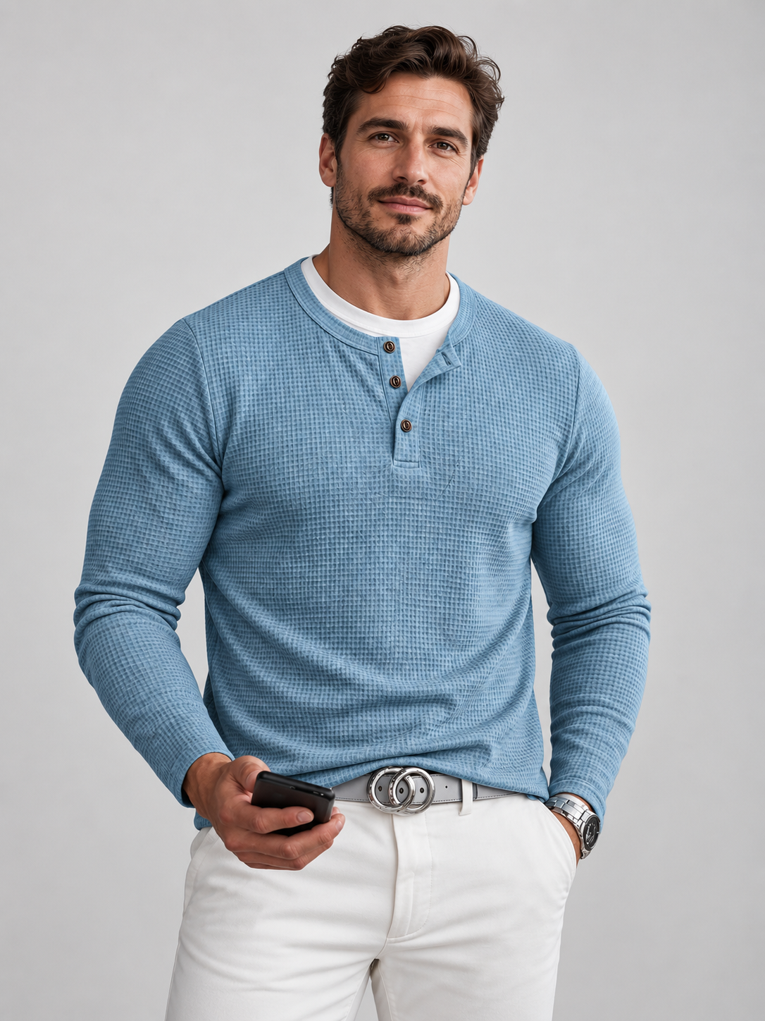 Men's Waffle Fake Two-Piece Henley Shirt