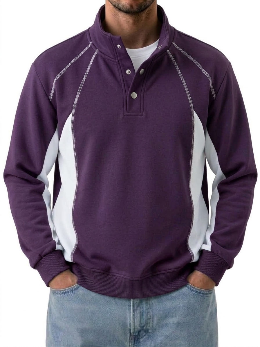 Unisex Color Block Half High Neck Loose Casual Long Sleeve Sweatshirt
