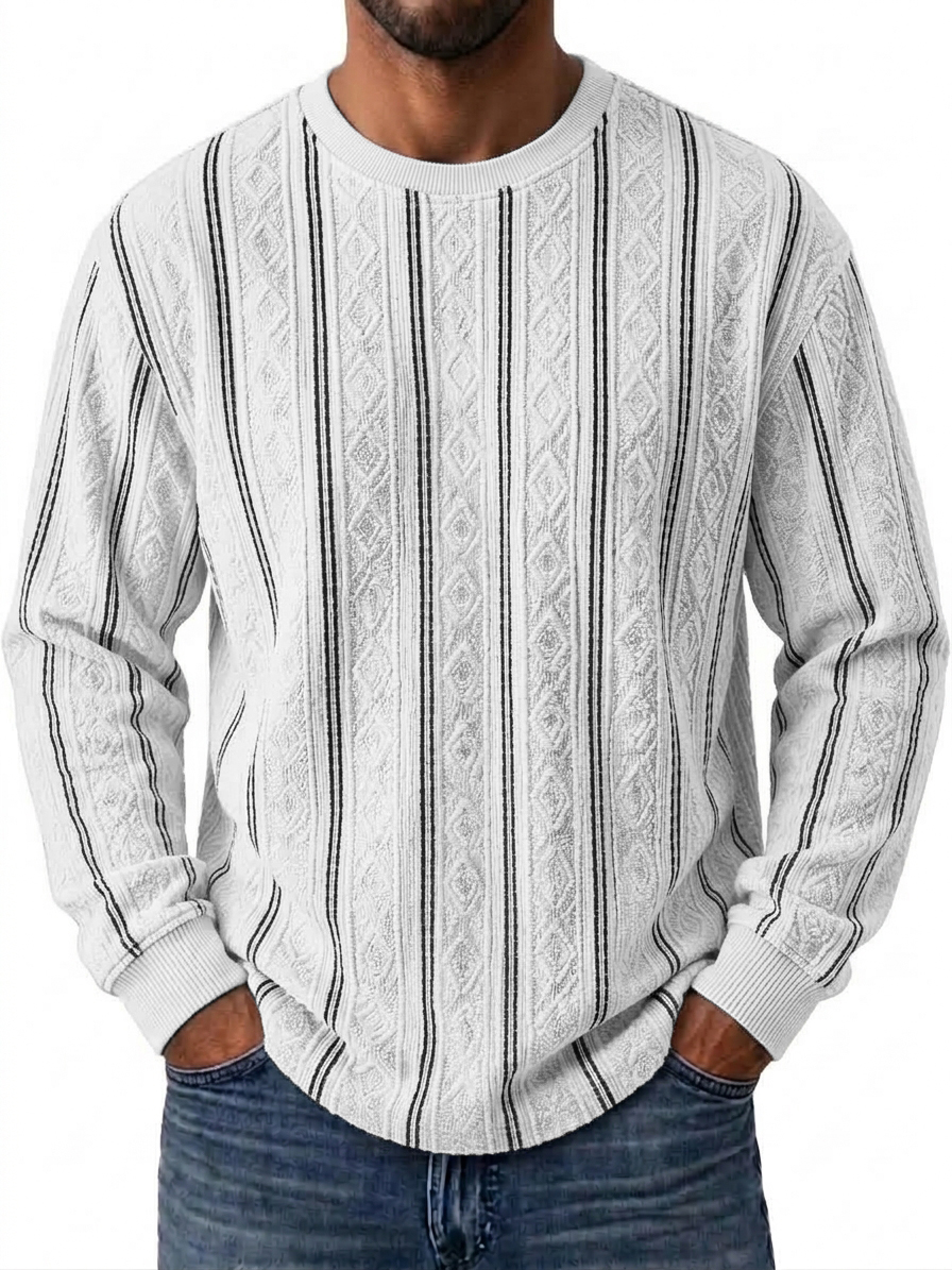 Vintage Striped Textured Vertical Stripe Crew Neck Top
