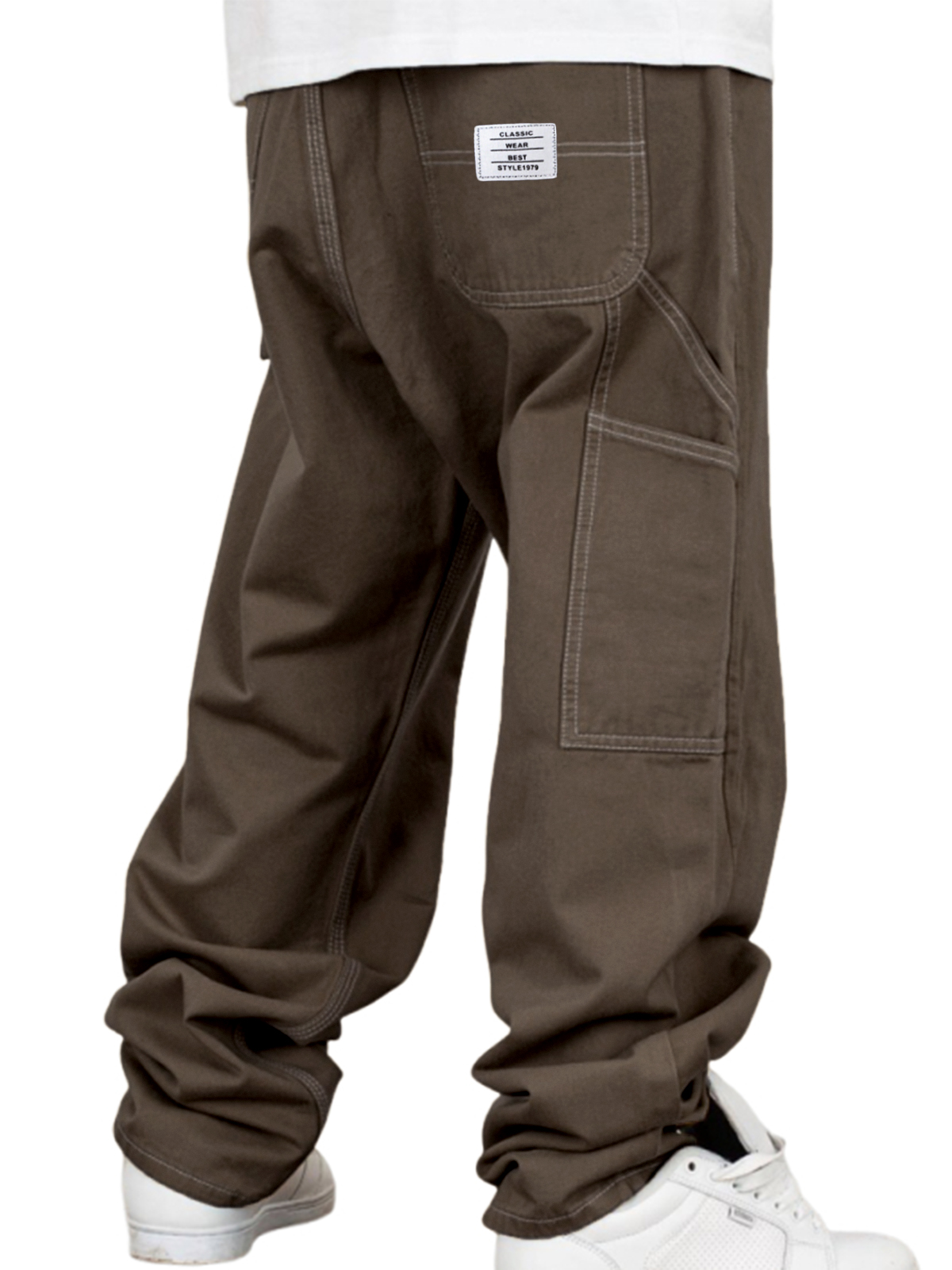 Men's Vintage Workwear Multi-pocket Casual Twill Cotton Trousers with Embroidered Label