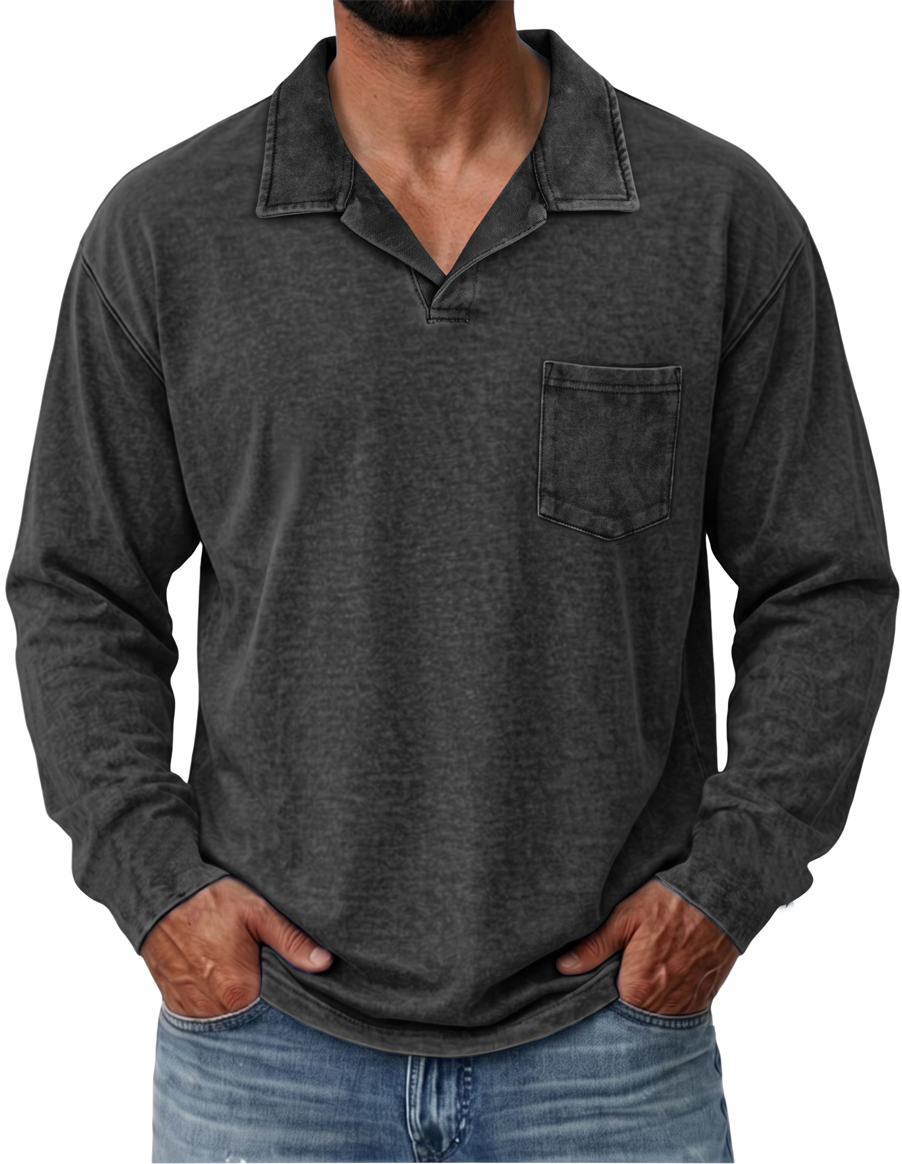 100% Cotton Vintage Washed Collared Pocket Pullover Long Sleeve Polo Shirt