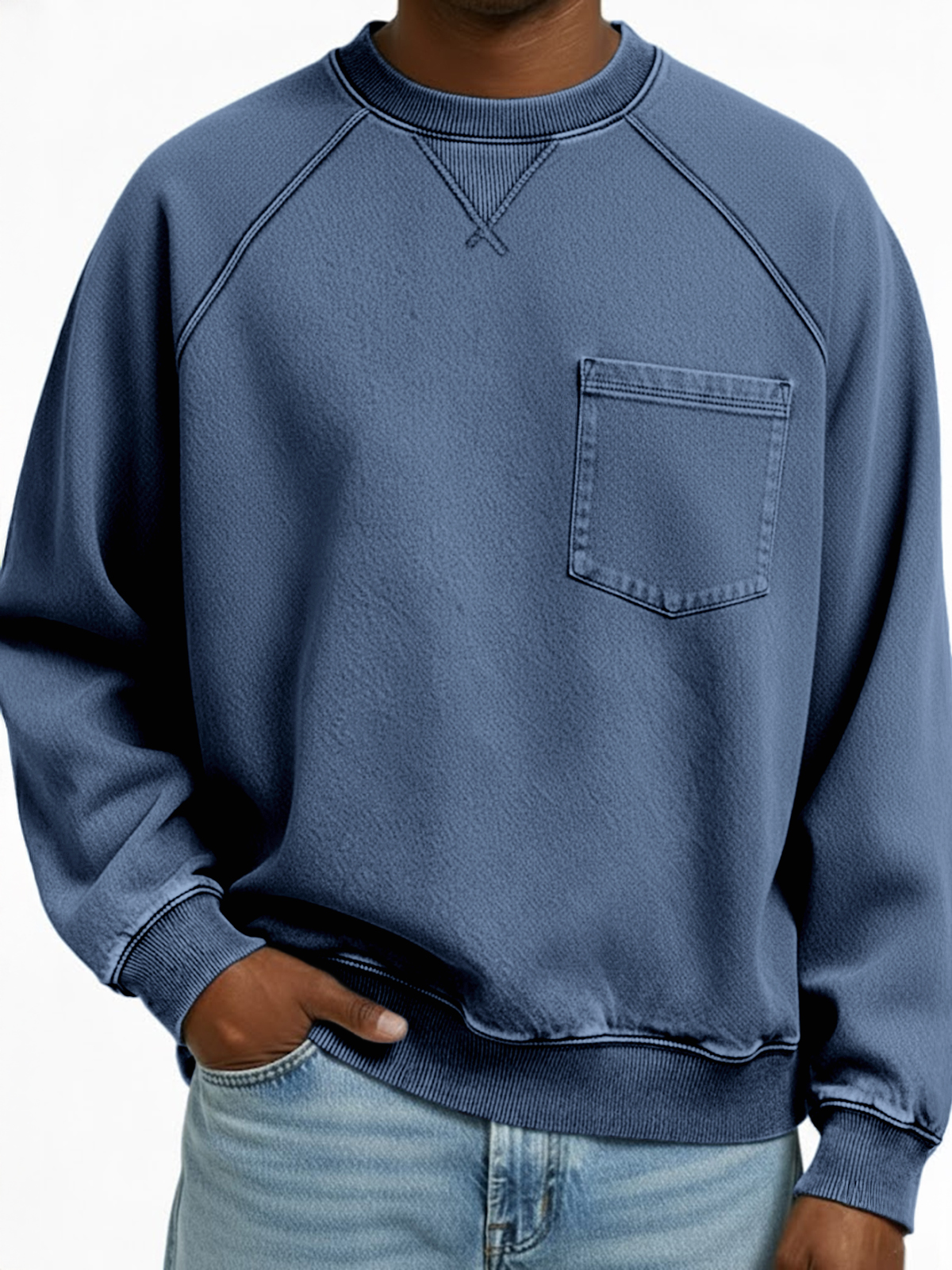 Men's Vintage Distressed Raglan Sleeve X-stitched Patchwork Pocket Crew Neck Pullover Sweatshirt