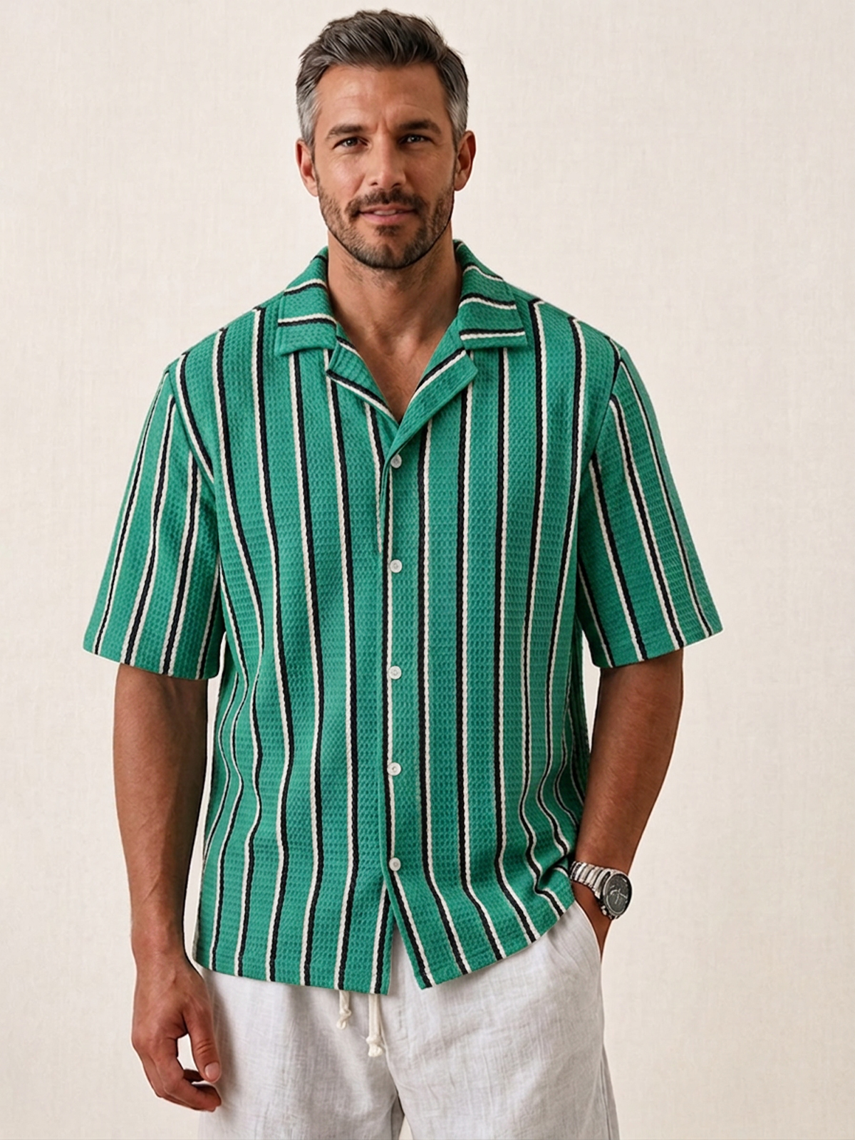 Men's Casual Textured Striped Breathable Collared Short-Sleeve Shirt