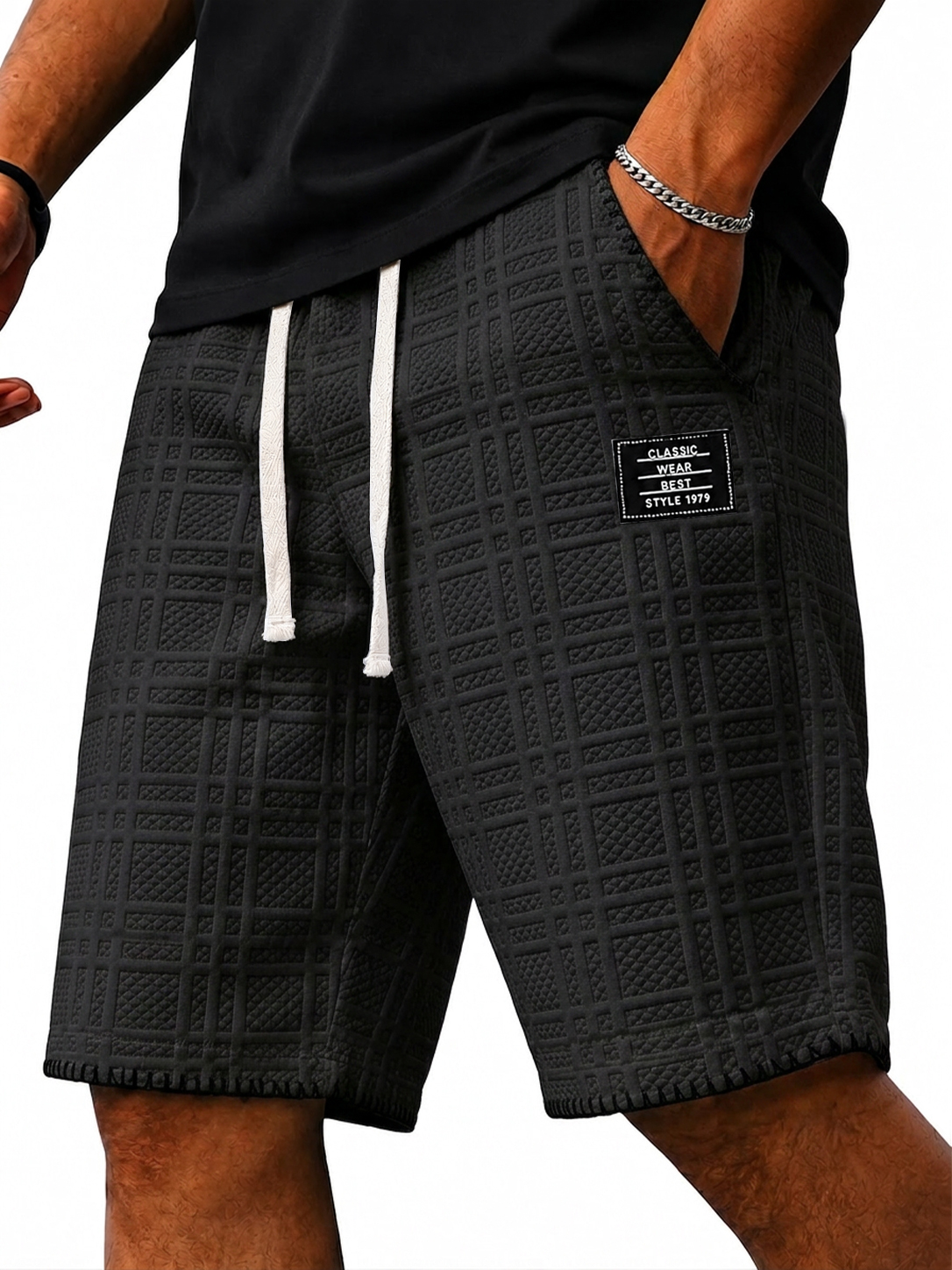 Jacquard Plaid Textured Embroidered Logo Casual Shorts
