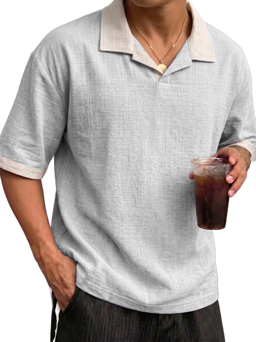 Men's Breathable Linen Color Block Pleated Resort Style Collared Shirt