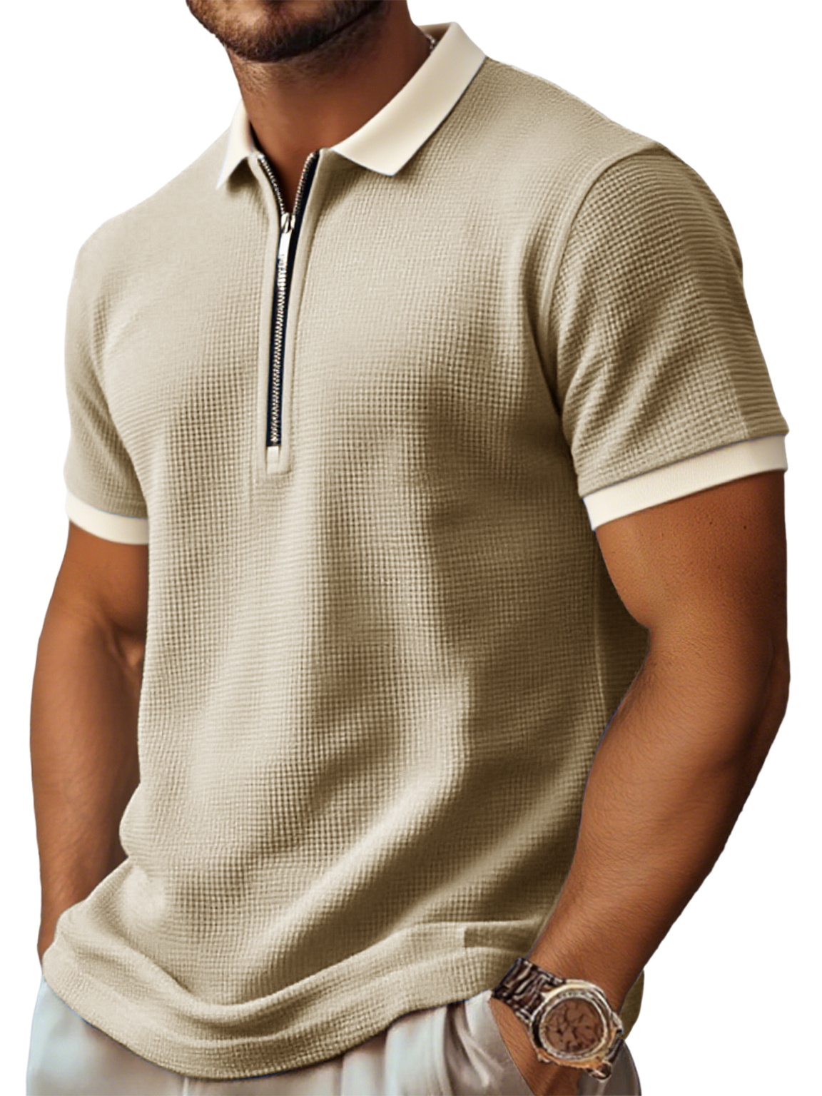 Men's Retro And Stylish Waffle Fabric With A Contrasting Zip-up Polo Shirt