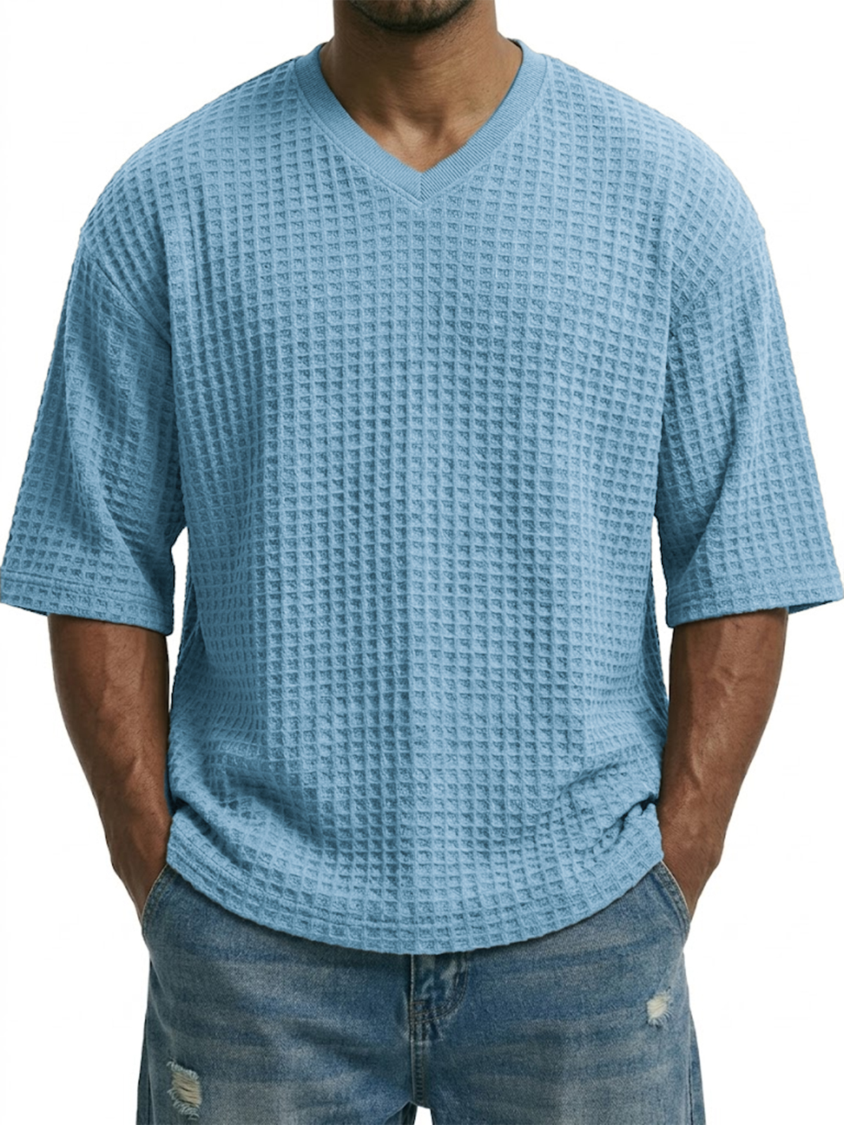 V-neck Pullover Waffle Knit Short-sleeved Top