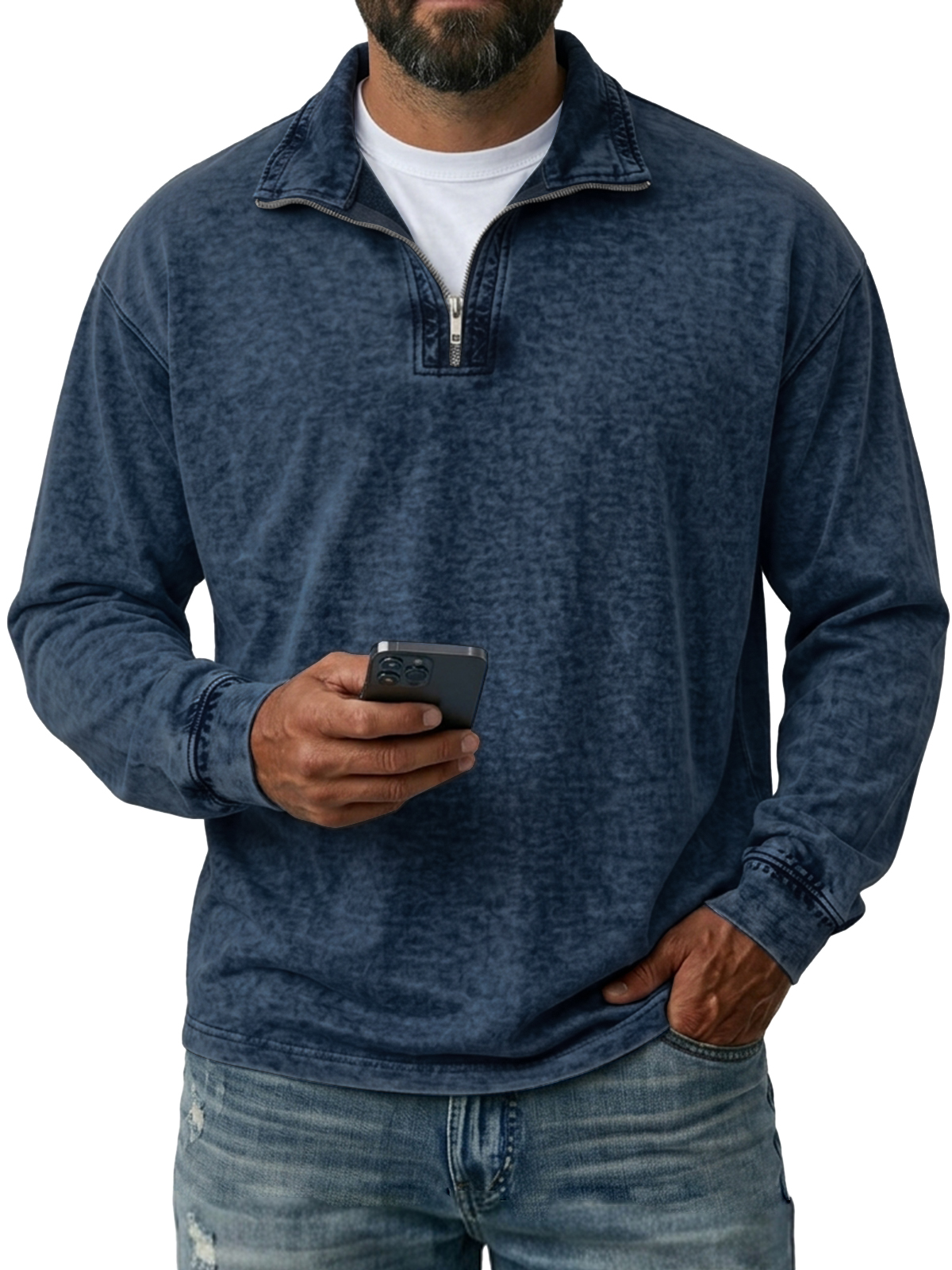 Men's Quarter-Zip Washed Distressed Long Sleeve T-Shirt