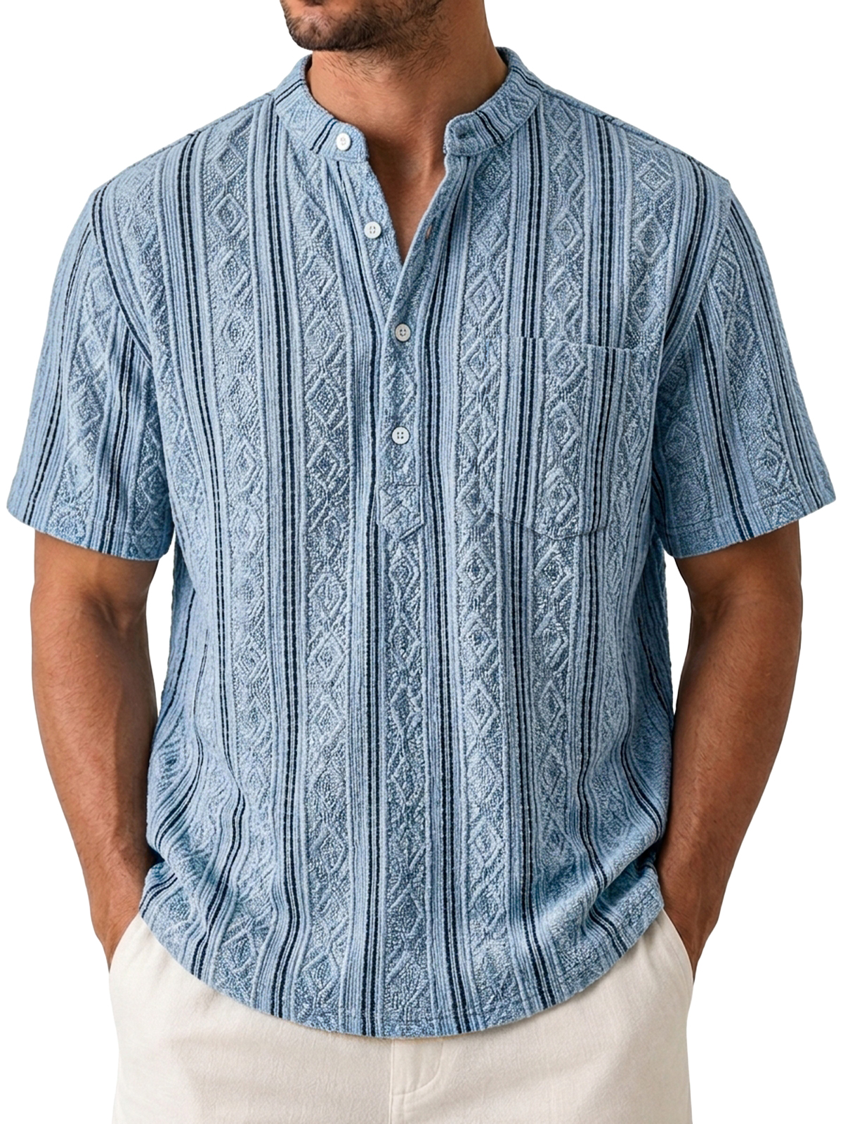 Men's Casual Jacquard Textured Breathable Short Sleeve Henley Shirt