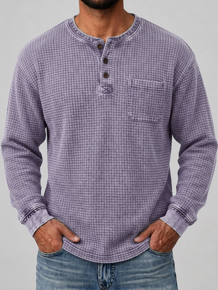 Men's Retro Distressed Waffle Knit Henley Shirt