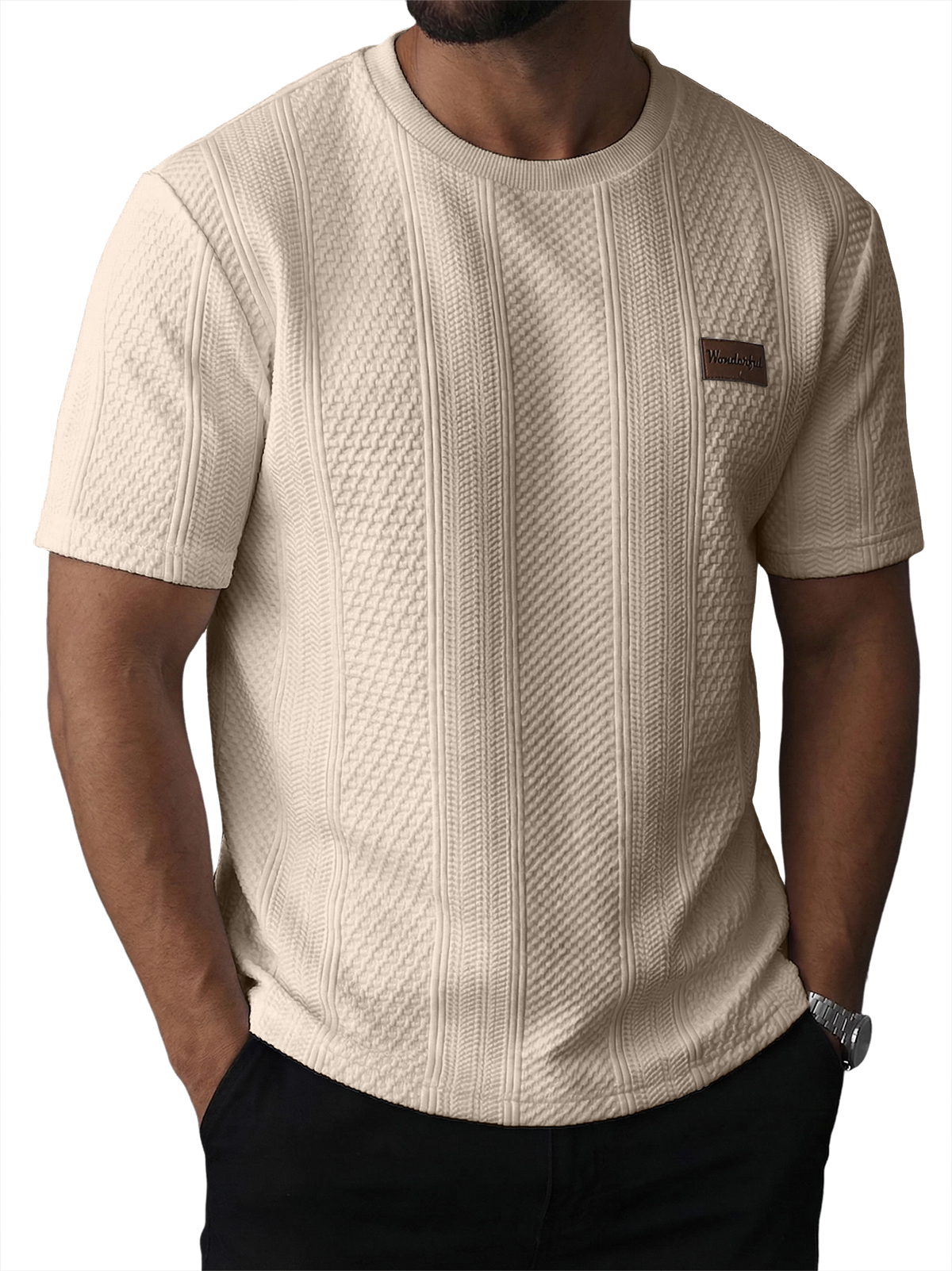 Men's Striped Jacquard Textured Casual Crew Neck Short-Sleeve T-Shirt