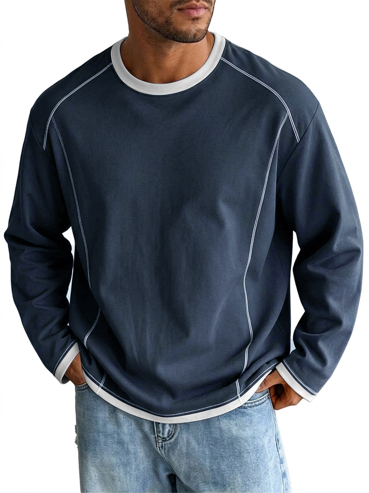 Casual Color Block Crew Neck Long Sleeve T-shirts
